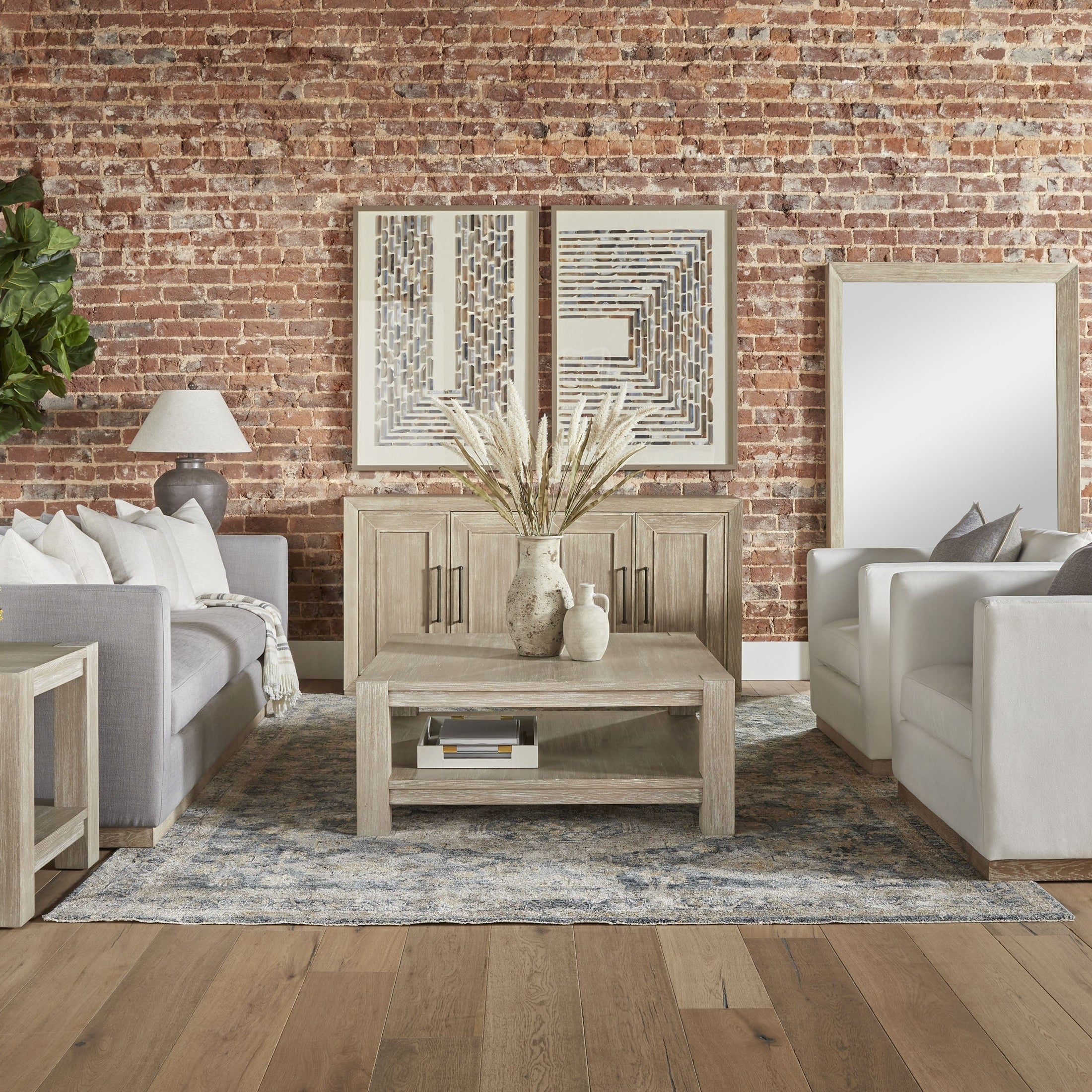 Hunter Media Sideboard in natural gray acacia wood with decorative doors in modern living room Essentials for Living