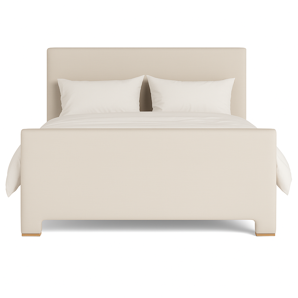 Front view of the Huntington Queen Bed with upholstered headboard in neutral fabric by GO HOME.