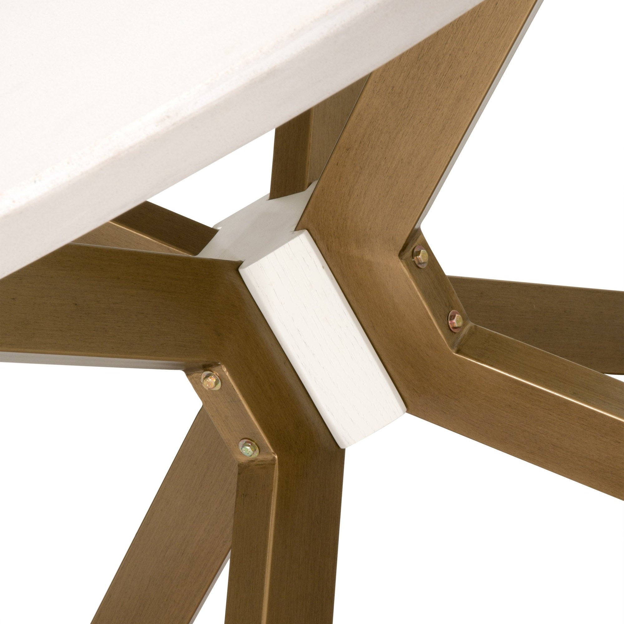 Close-up of brass metal base and white oak center accent of Industry 60" Round Dining Table by Essentials for Living