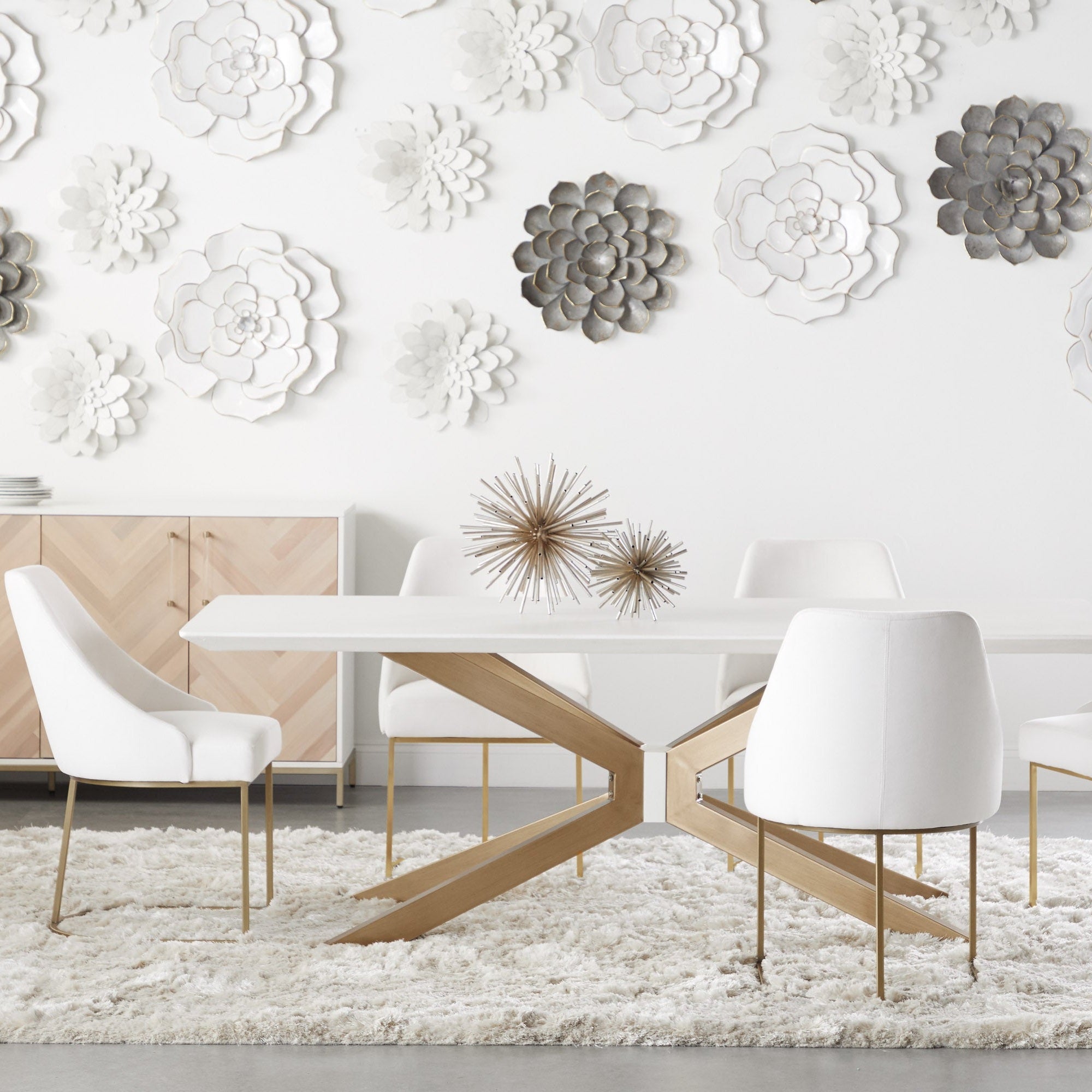 Essentials For Living Industry Rectangle Dining Table with white top and wood base in modern dining room setting