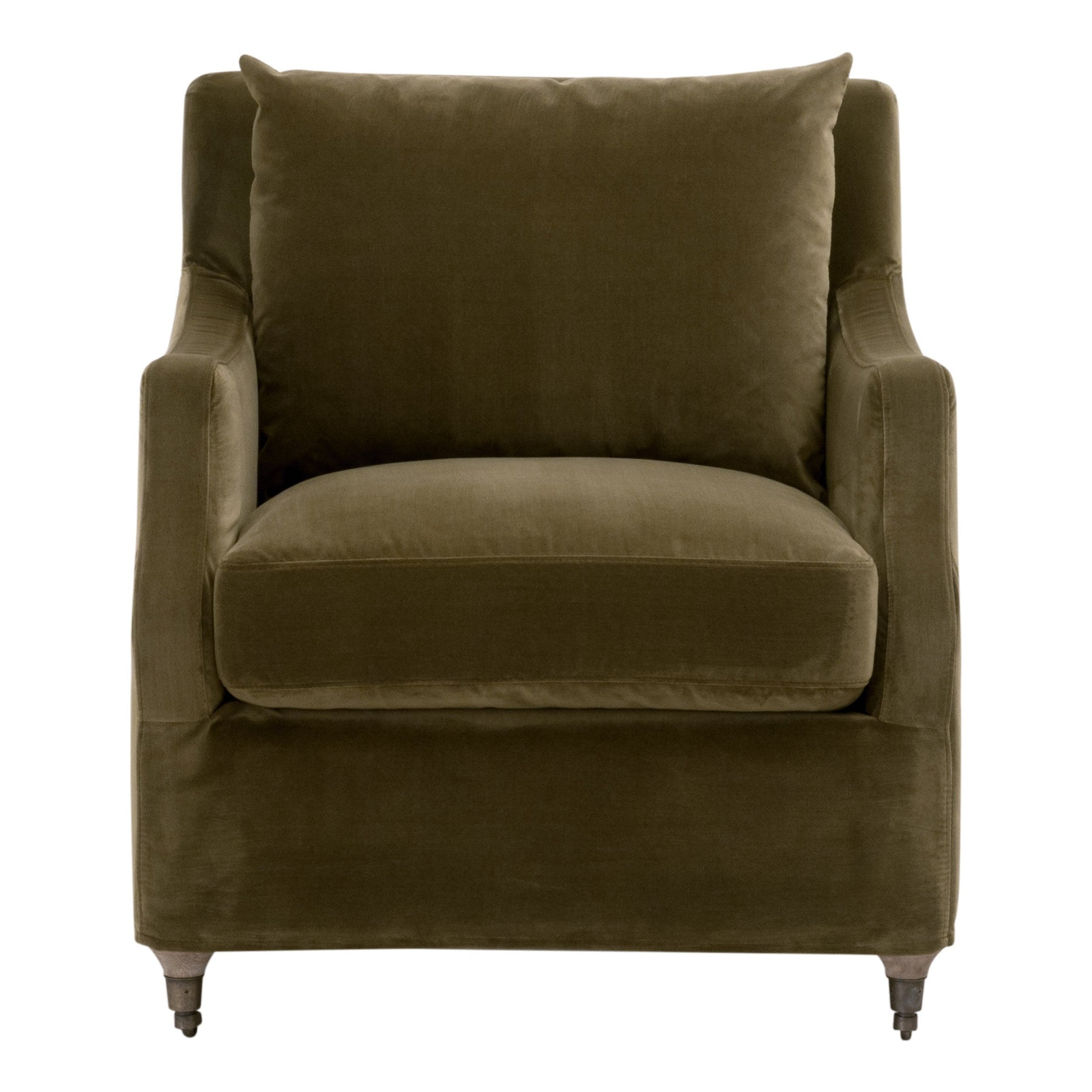 Jade Slipcover Club Chair in olive velvet with brass casters and removable cushions by Essentials For Living
