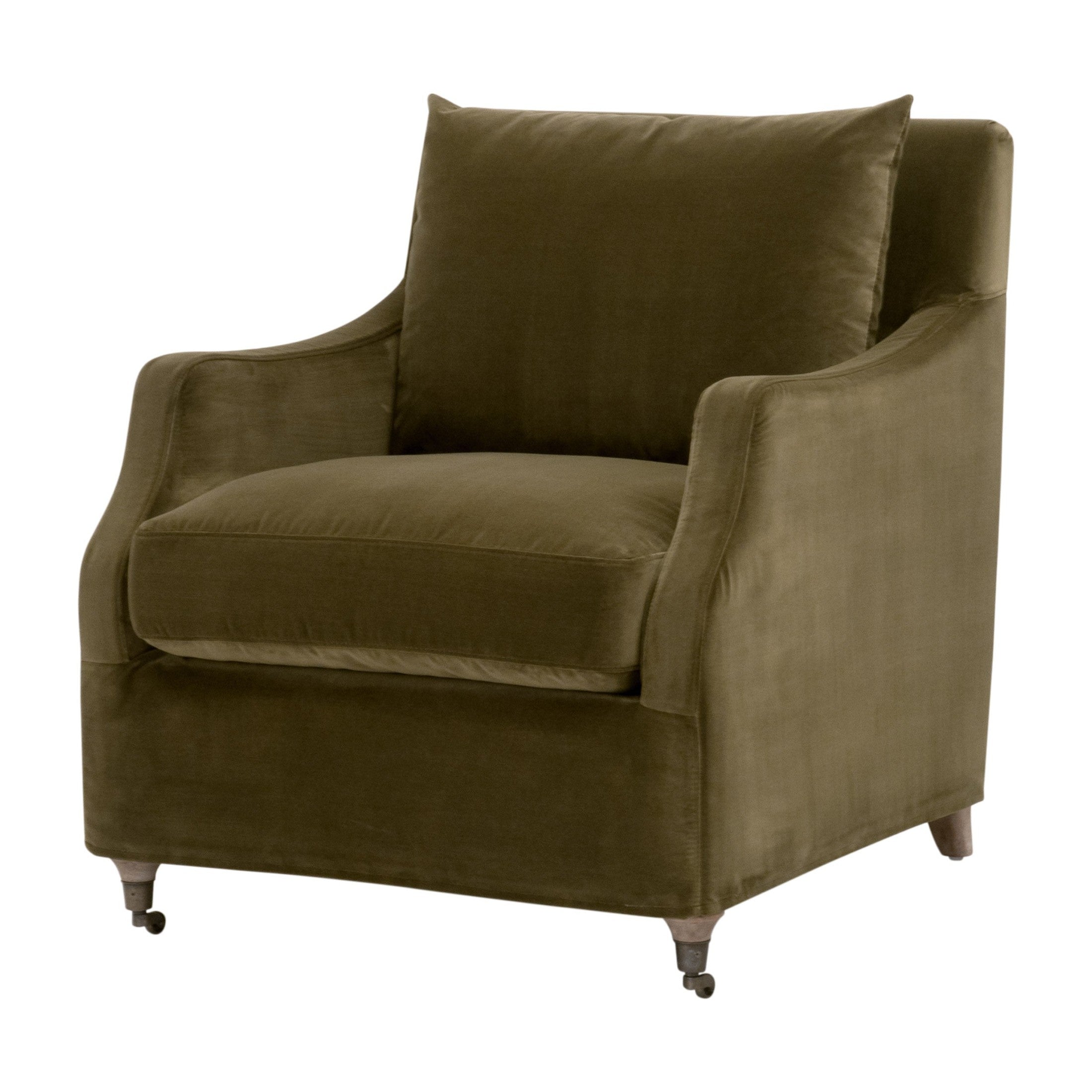 Olive velvet Jade Slipcover Club Chair with plush cushions and brass casters by Essentials for Living.