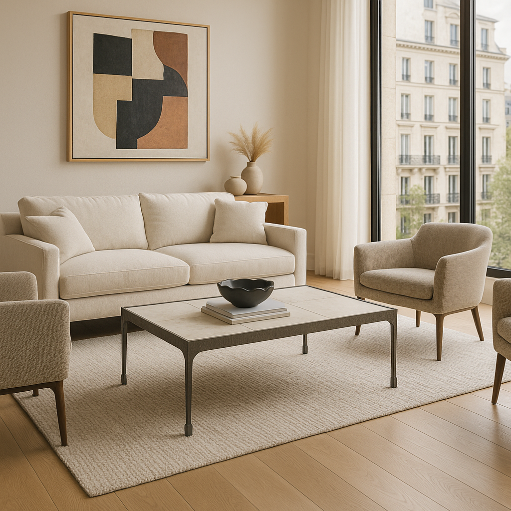 Jaden Coffee Table with Baswada marble top and gunmetal iron base in a modern living room by GO HOME