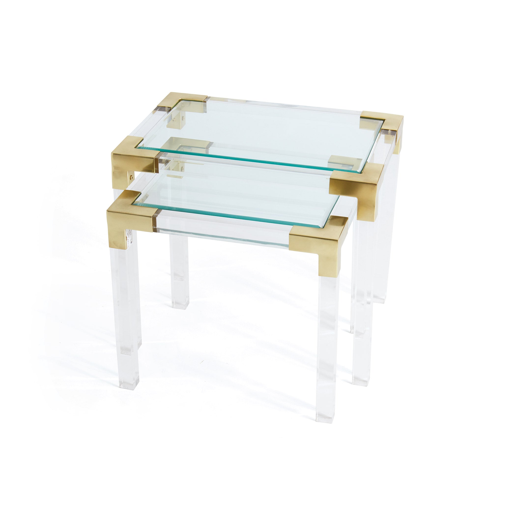Clear acrylic and tempered glass nesting table set with polished brass corners, Johanson Acrylic Table Set S/2 by GO HOME