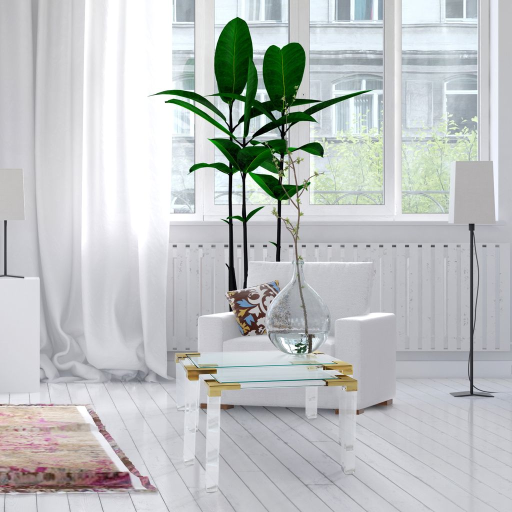 Johanson Acrylic Table Set S/2 with clear acrylic and polished brass in a bright modern living room by GO HOME