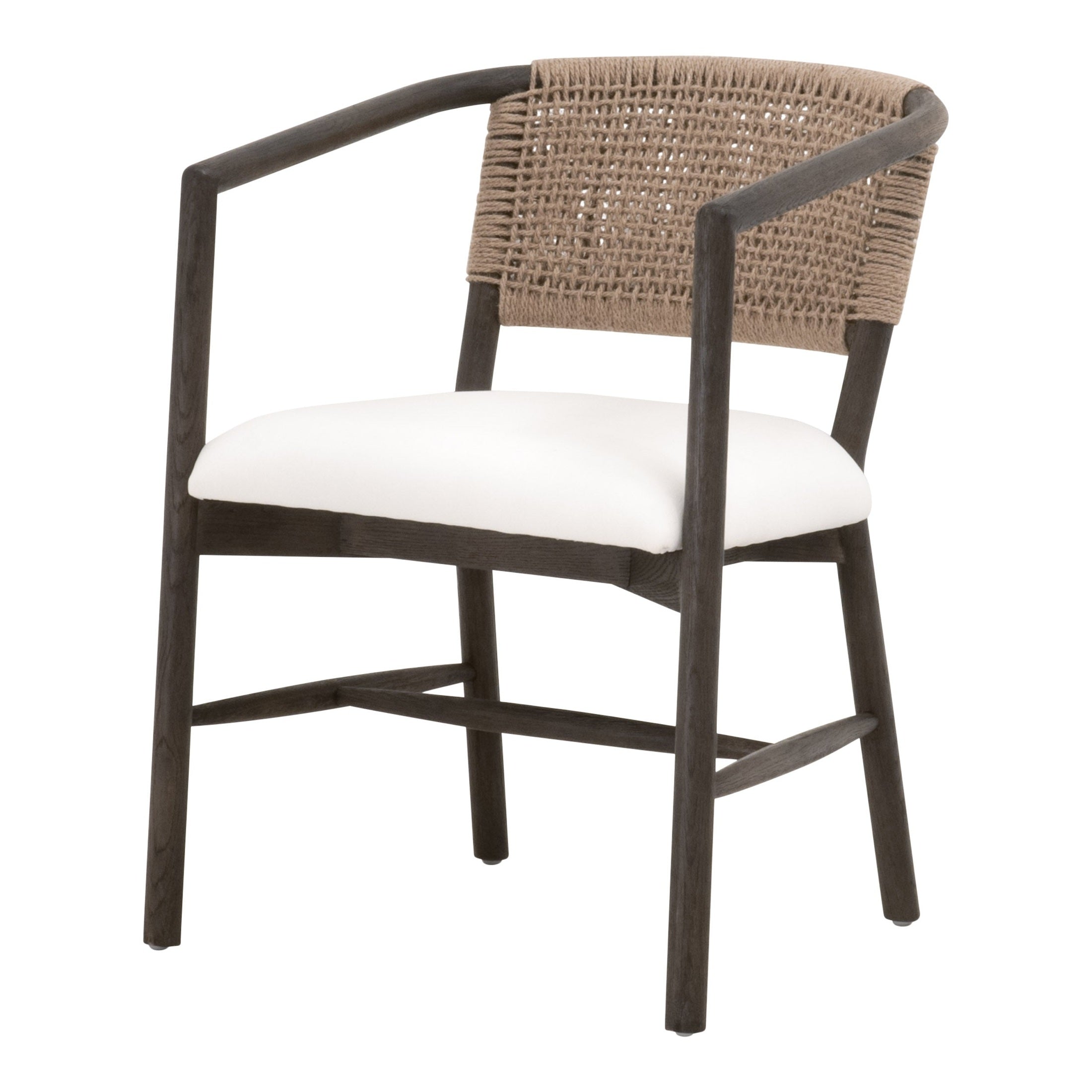 Juxtaposition Accent Chair with matte brown oak frame, handwoven jute backrest, white upholstery by Essentials for Living