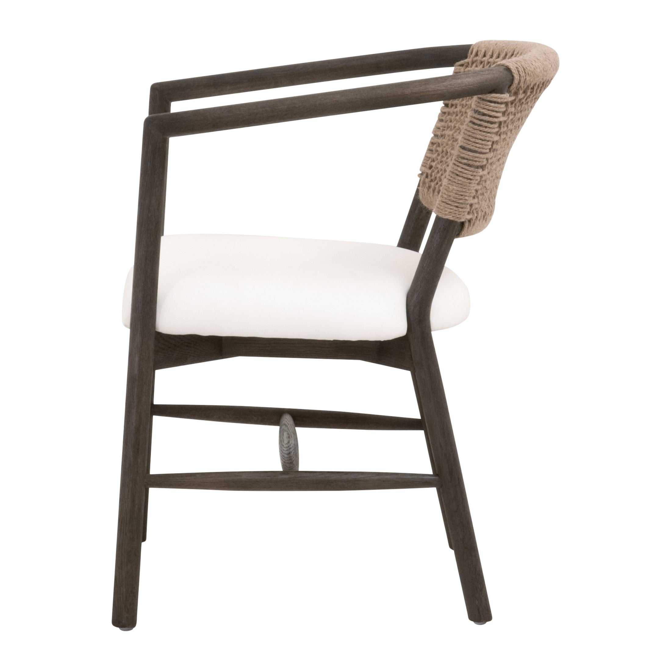 Side view of Juxtaposition Accent Chair with matte brown oak frame, jute backrest, and white upholstery by Essentials for Living.
