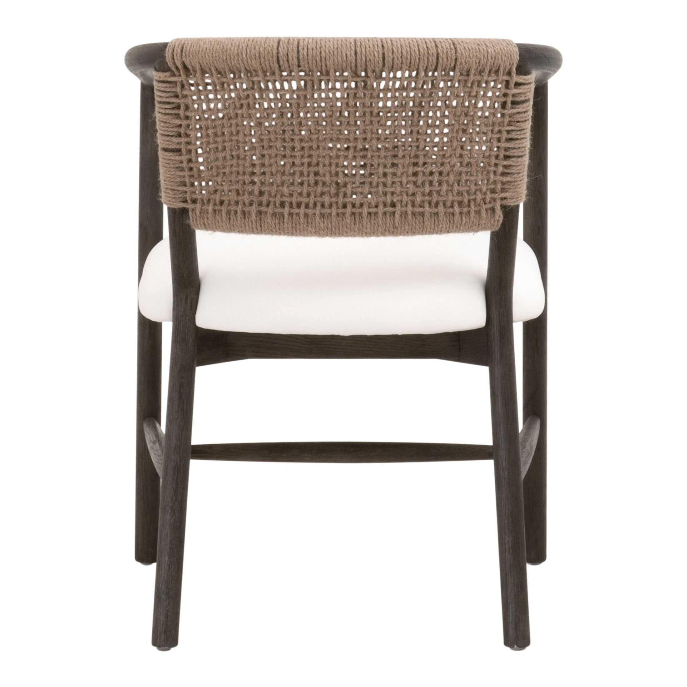 Rear view of Juxtaposition Accent Chair with handwoven jute backrest and white upholstery by Essentials for Living