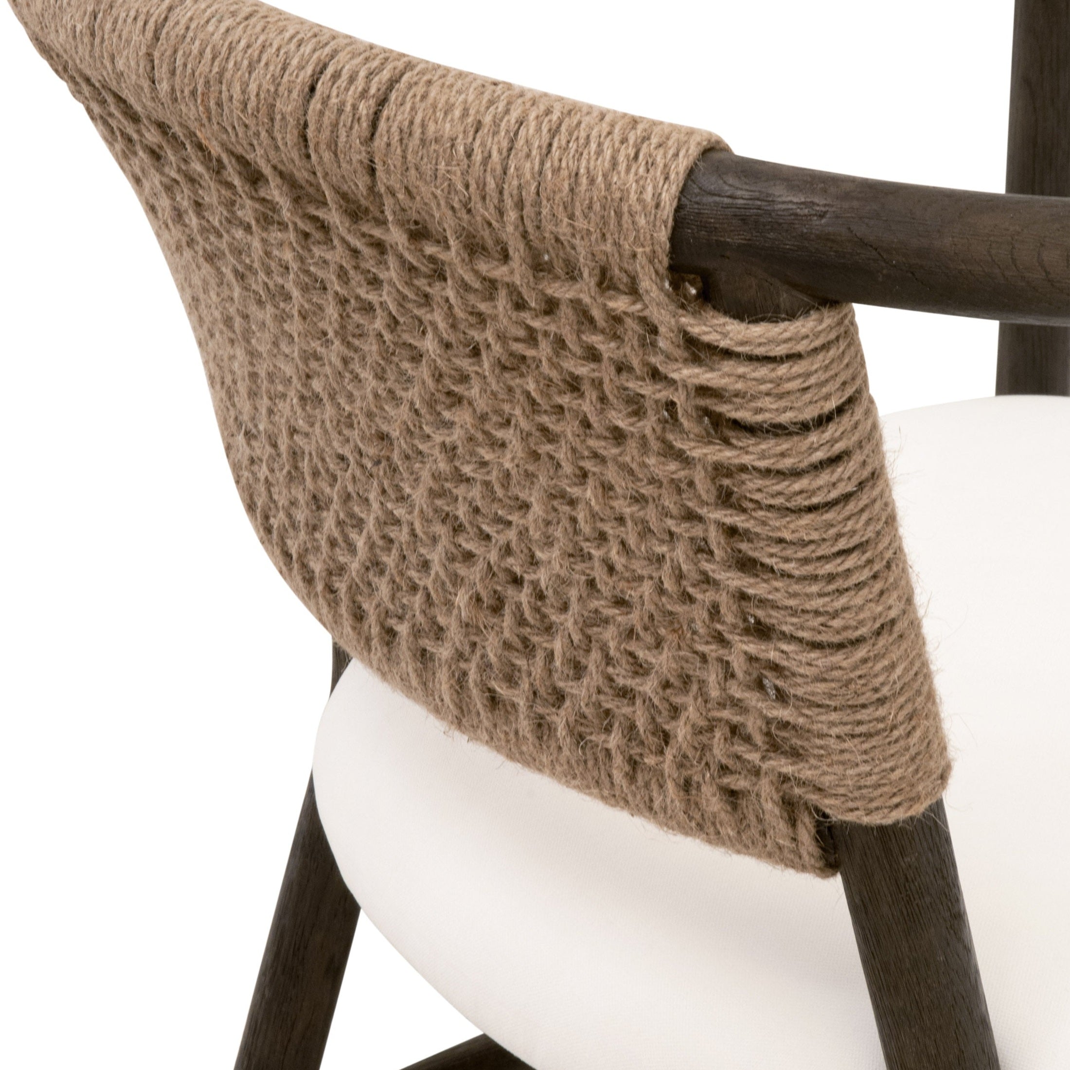 Close-up of Juxtaposition Accent Chair featuring handwoven jute twine backrest and white upholstery by Essentials for Living