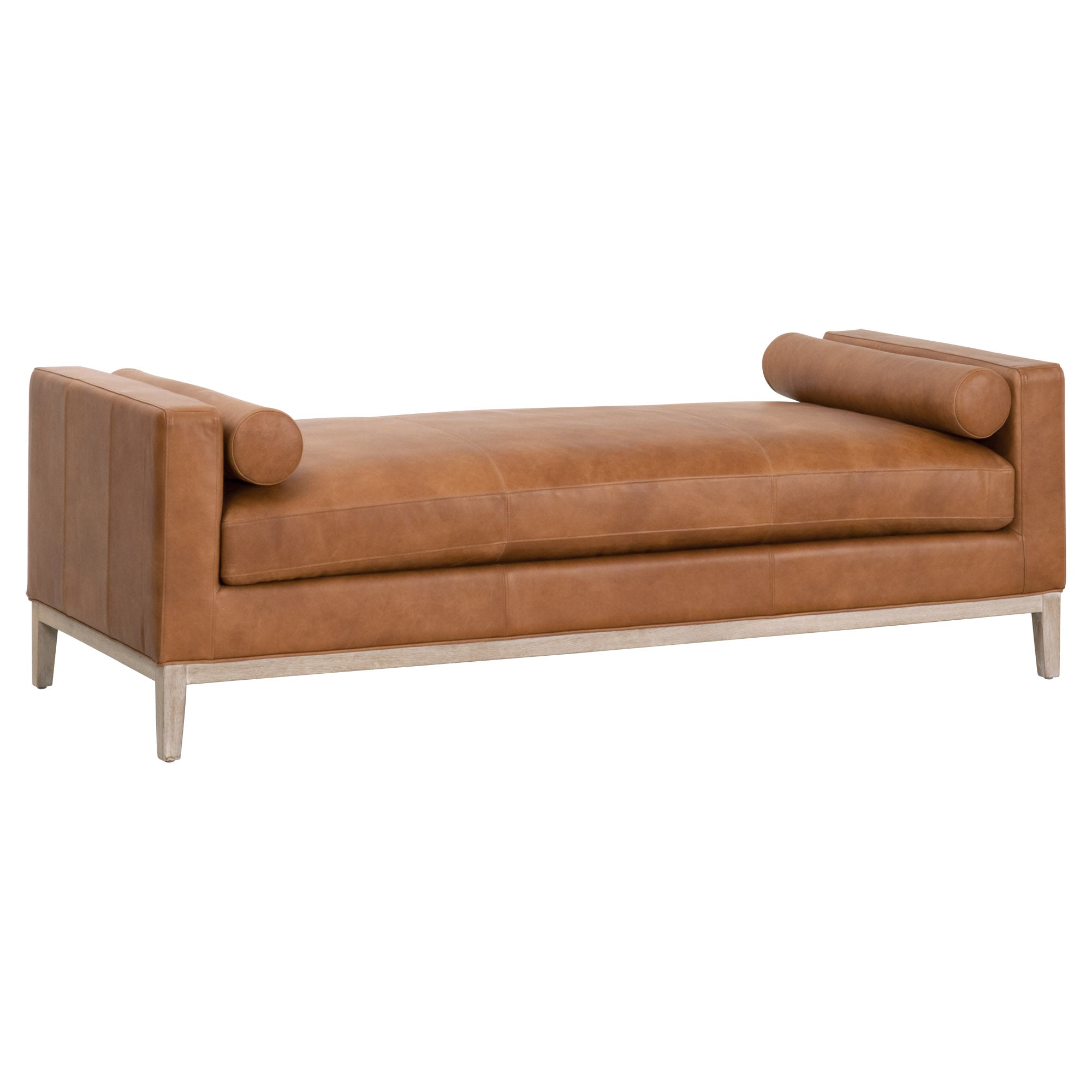 Keaton Daybed by Essentials For Living in brown leather with wood base and two bolster pillows for modern seating.