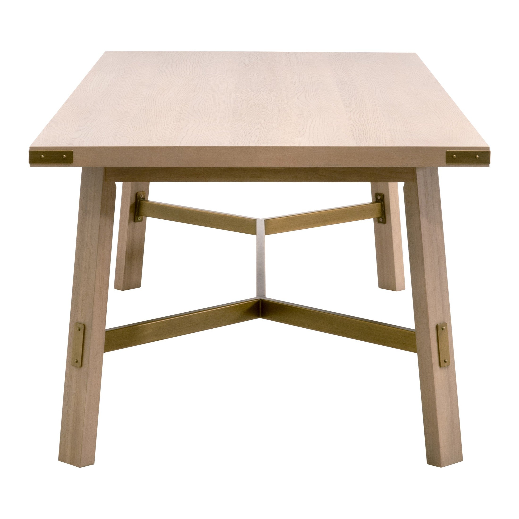 Klein Dining Table with light honey oak veneer and brushed gold base, seats eight, by Essentials for Living.
