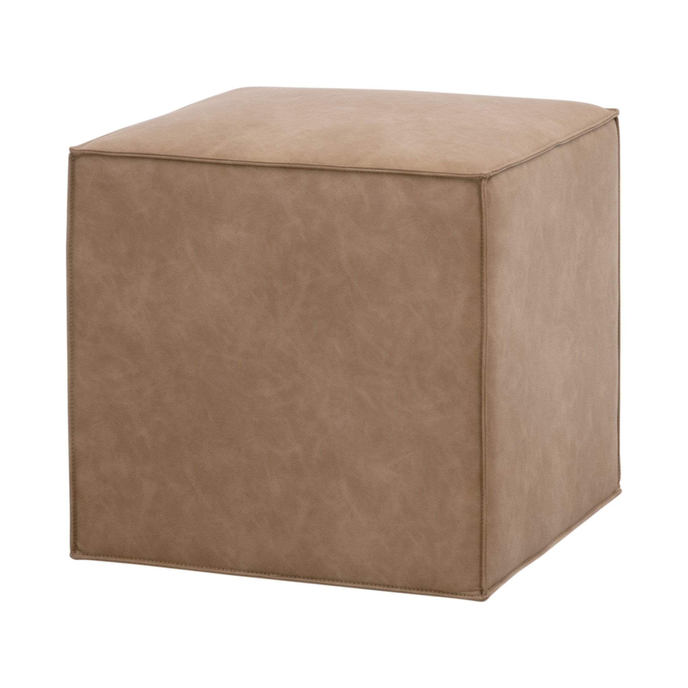 Essentials for Living Knox Accent Cube in tan leather-look upholstery with clean lines and cushioned top for versatile use