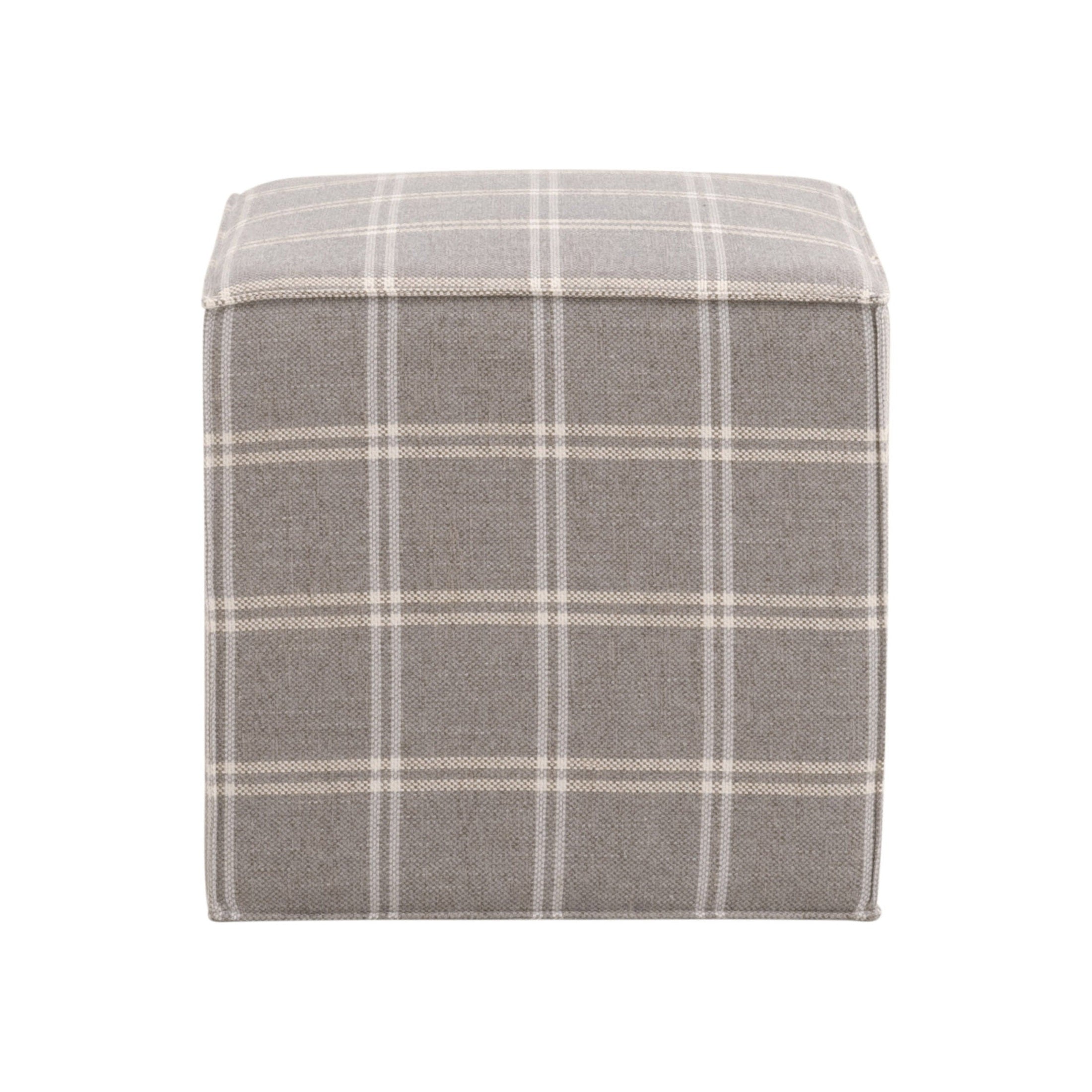 Knox Accent Cube by Essentials for Living with gray checked fabric, cushioned top, and clean flange edges for versatile use.