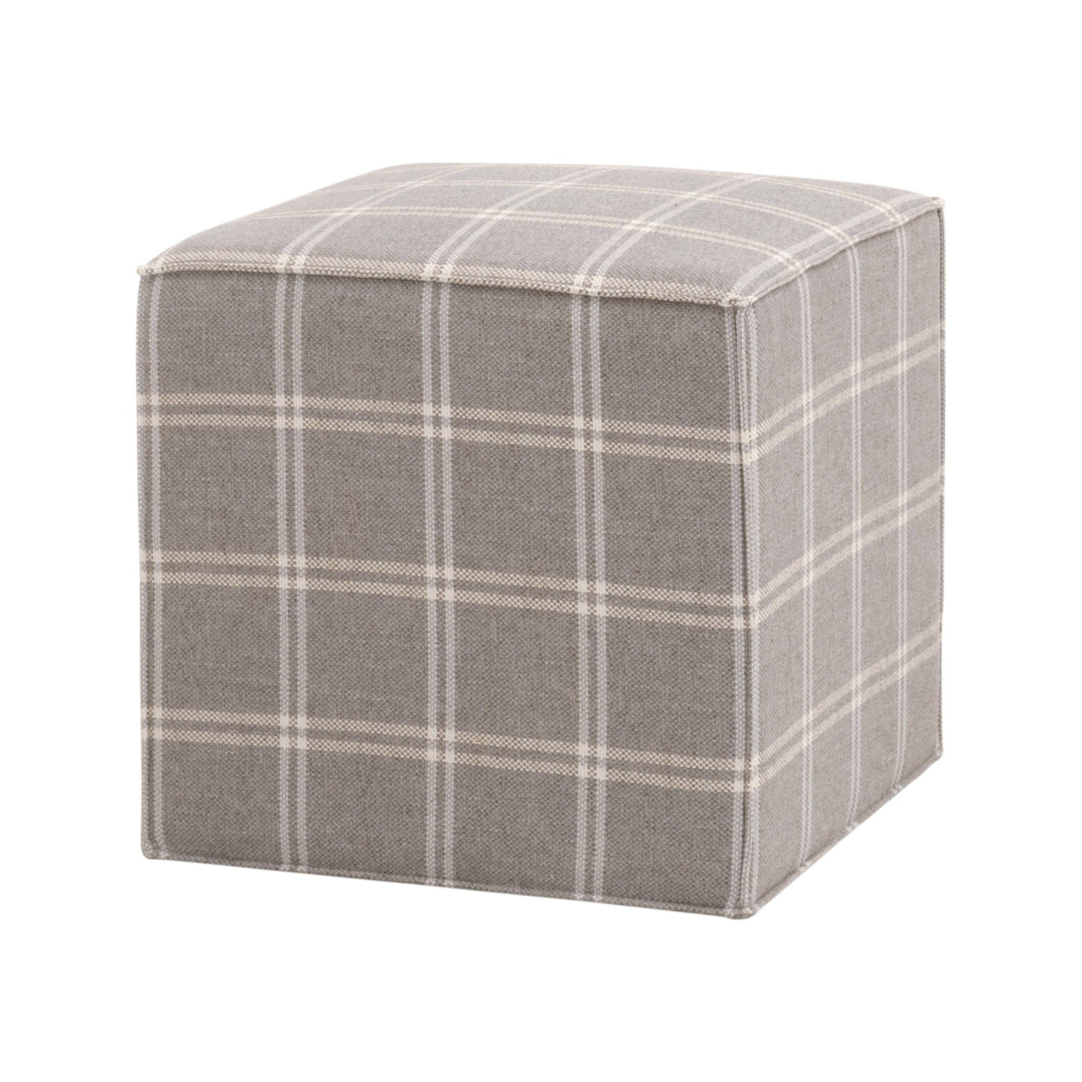 Knox Accent Cube by Essentials For Living in gray plaid fabric, versatile for seating, footrest, or side table use.