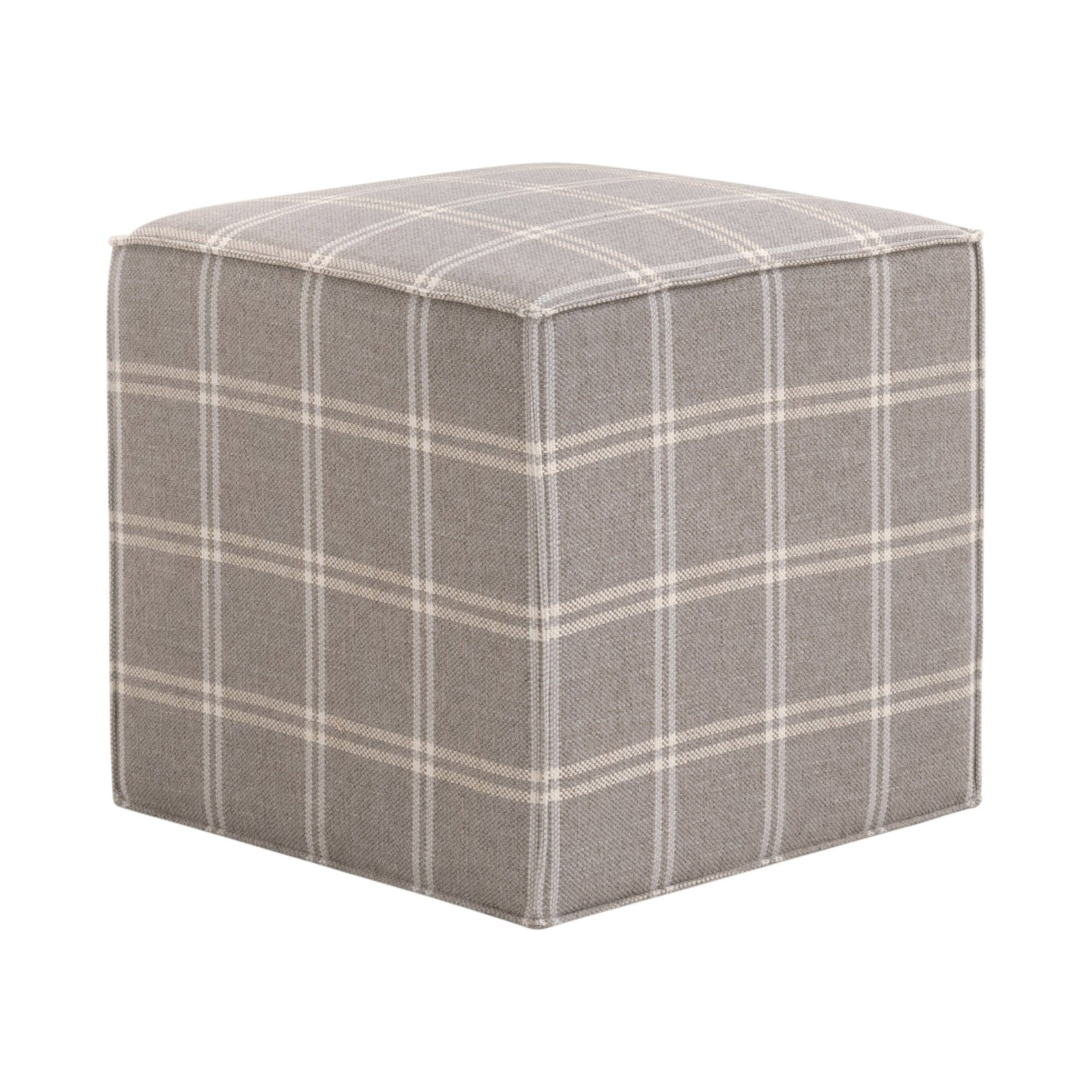 Essentials for Living Knox Accent Cube in neutral plaid fabric with subtle flange edge, perfect for seating or footrest.