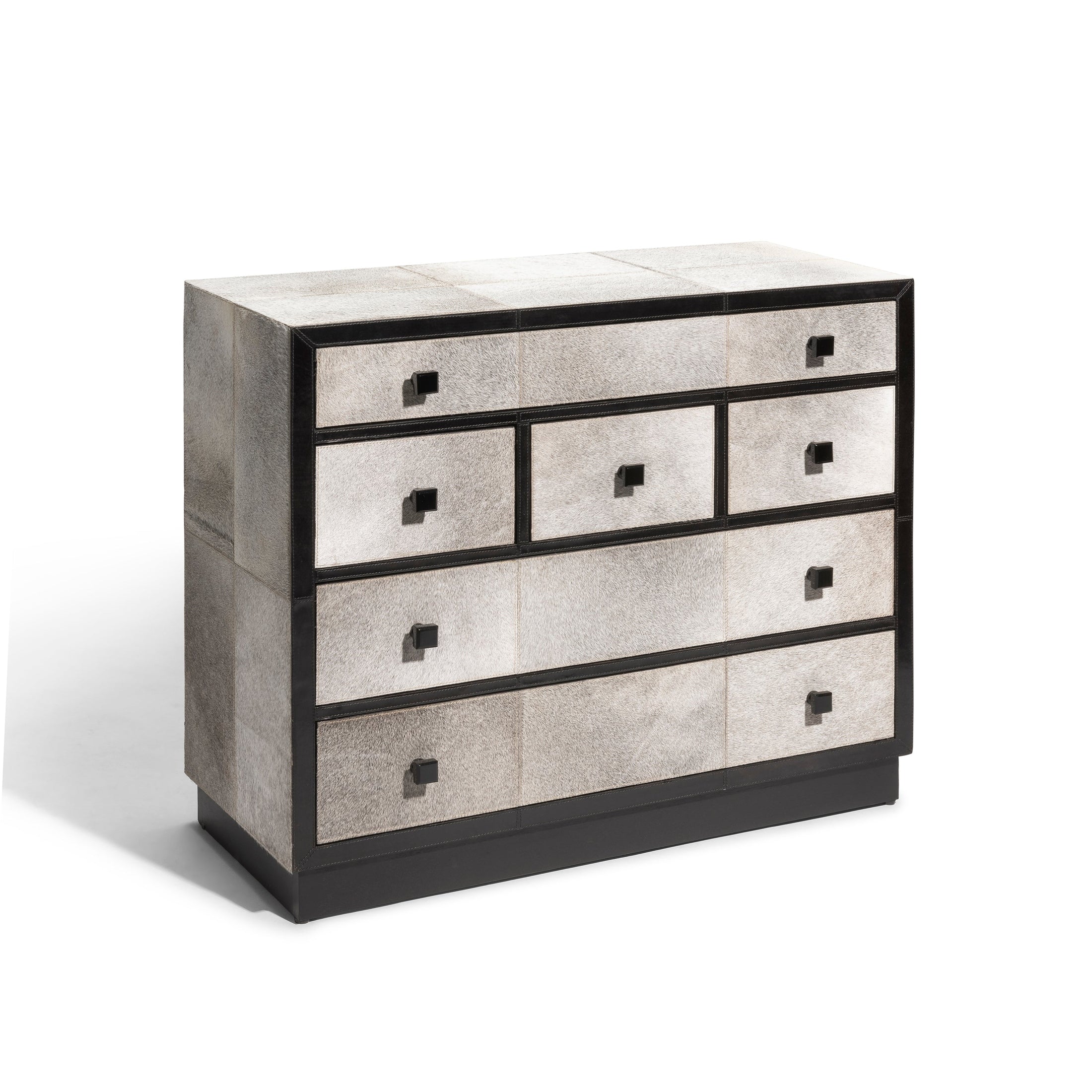 Grey hair-on-hide dresser with black leather trim and glass knobs, Lola Dresser by GO HOME