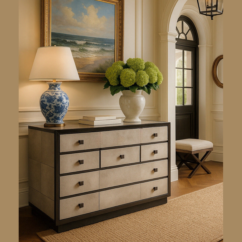 LOLA DRESSER in grey hair-on-hide with black leather trim and glass knobs in an elegant entryway by GO HOME