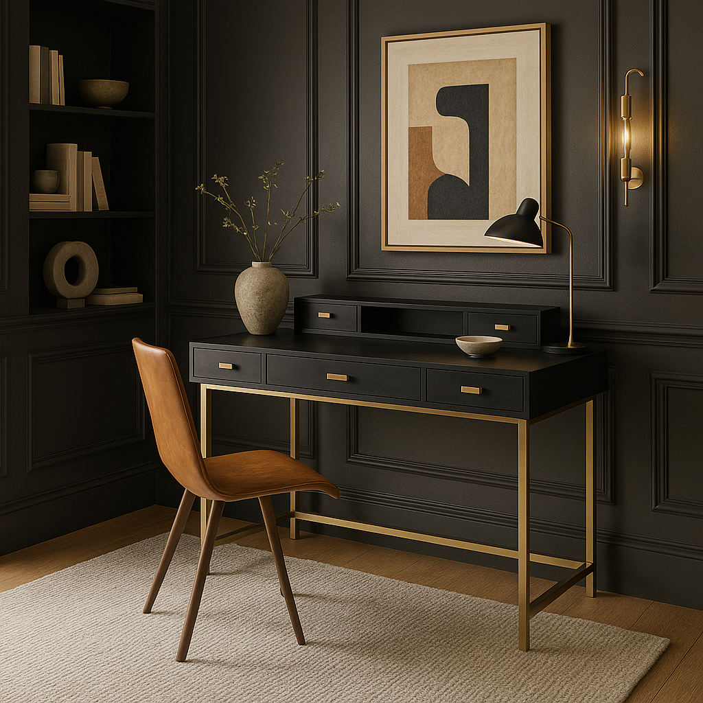 Black leather and gold-toned metal LUKE DESK in stylish home office setting by GO HOME