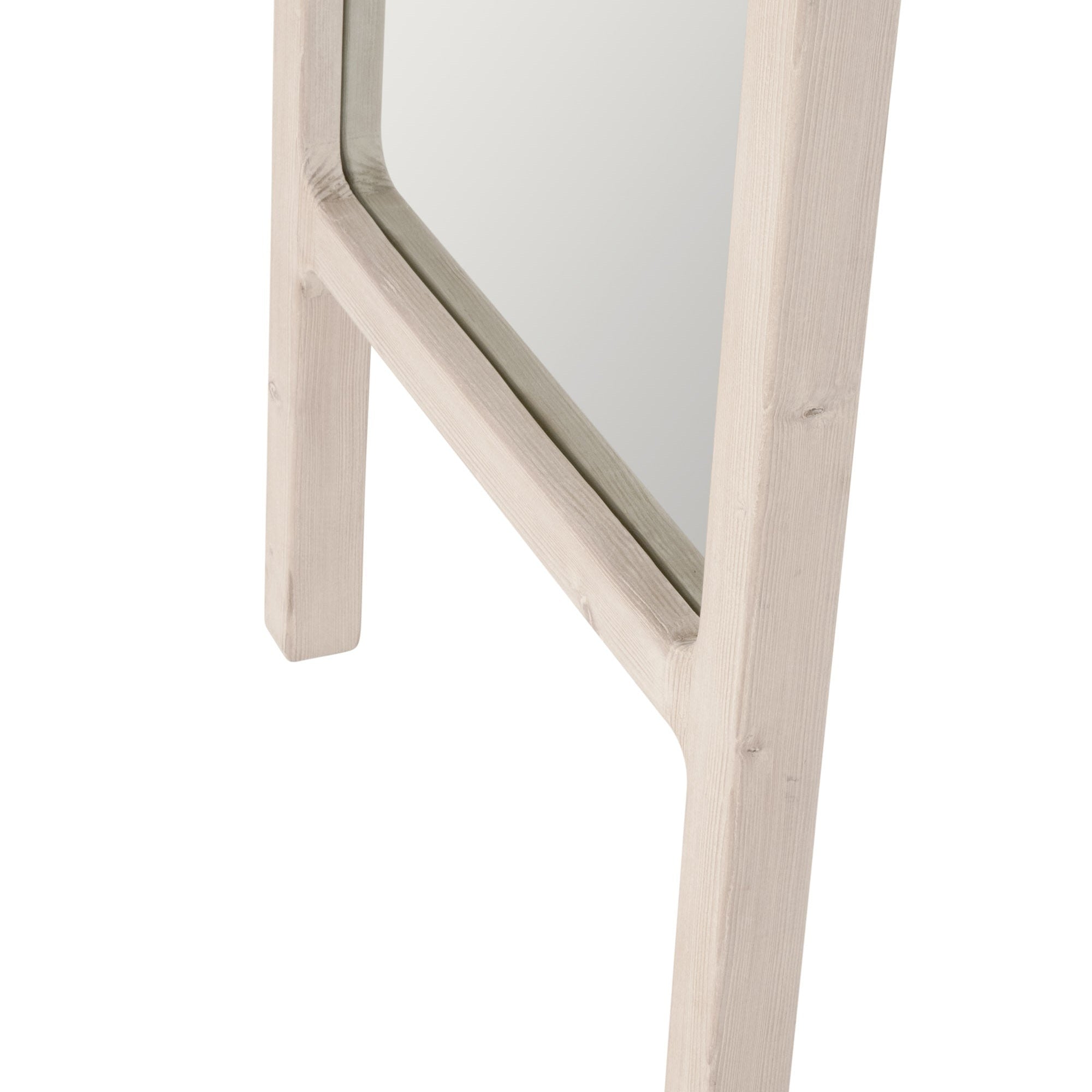 Close-up of the Laney Mirror’s whitewashed reclaimed pine tapered frame by Essentials for Living.