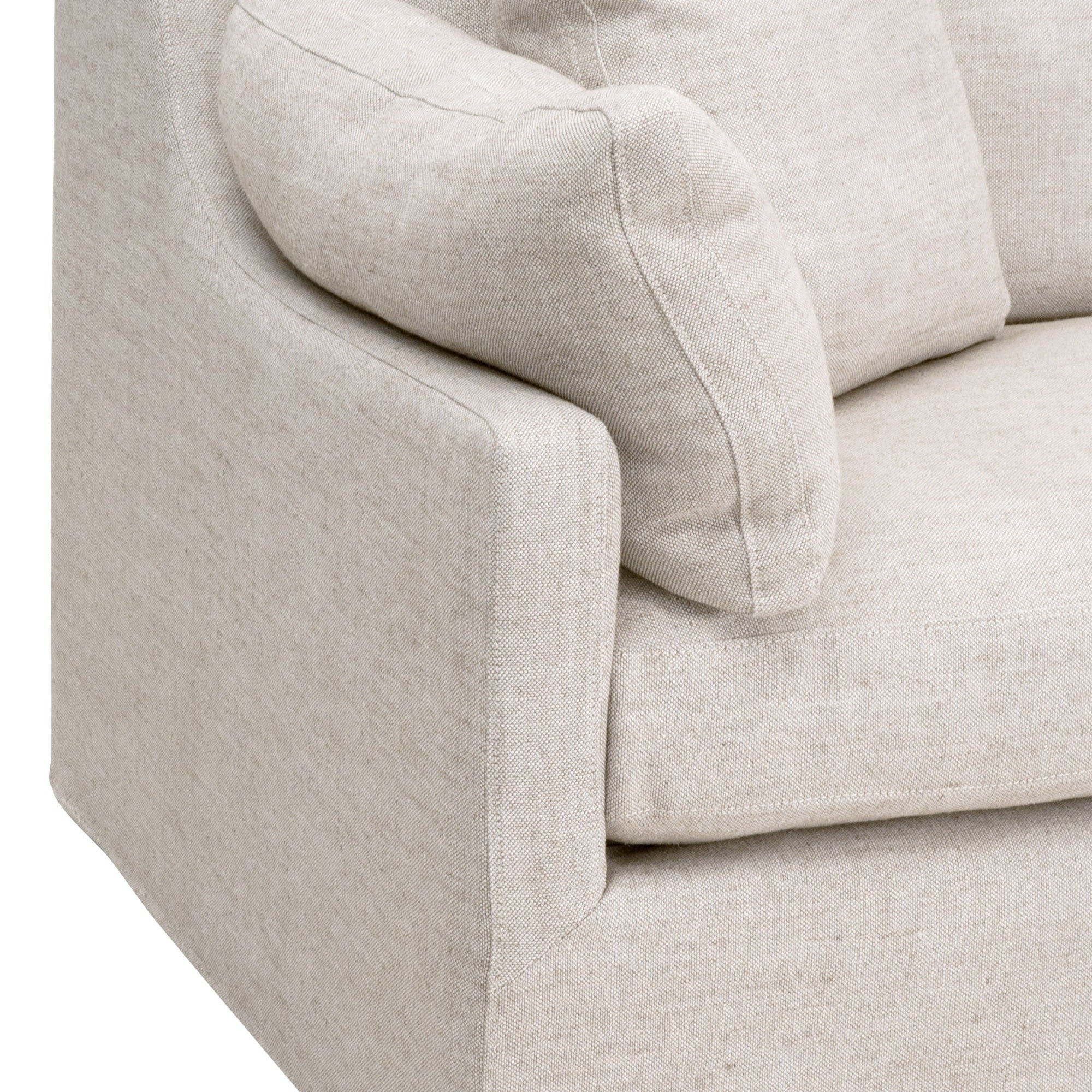 Close-up of light beige linen-blend slipcover and cushion on Lena 95" Slope Arm Slipcover Sofa by Essentials For Living
