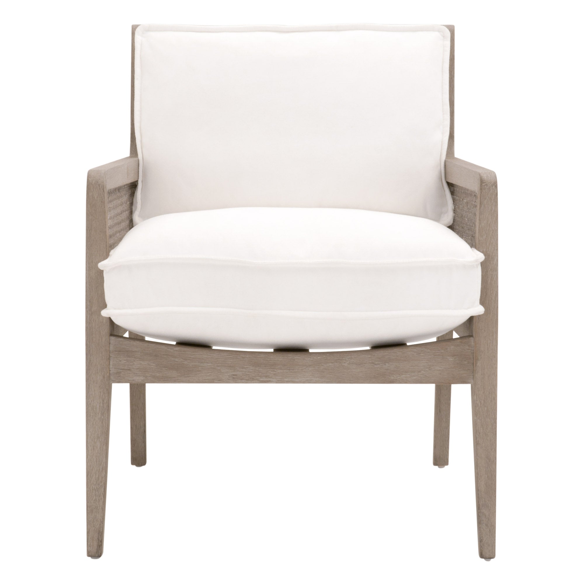Essentials for Living Leone Club Chair with gray oak frame, cane arms, and white removable cushions for modern classic style seating.
