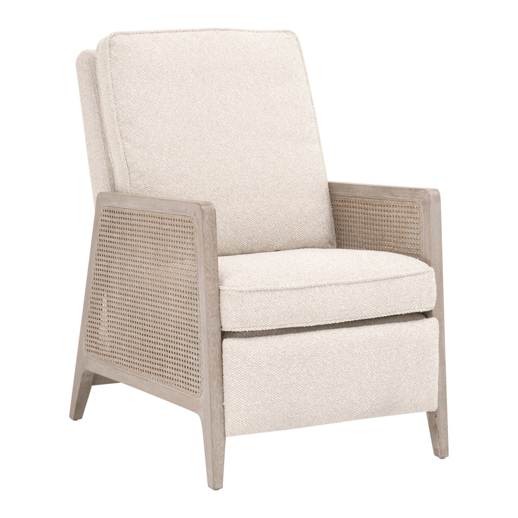 Leone Recliner with natural gray oak frame, cane sides, and linen upholstery by Essentials For Living