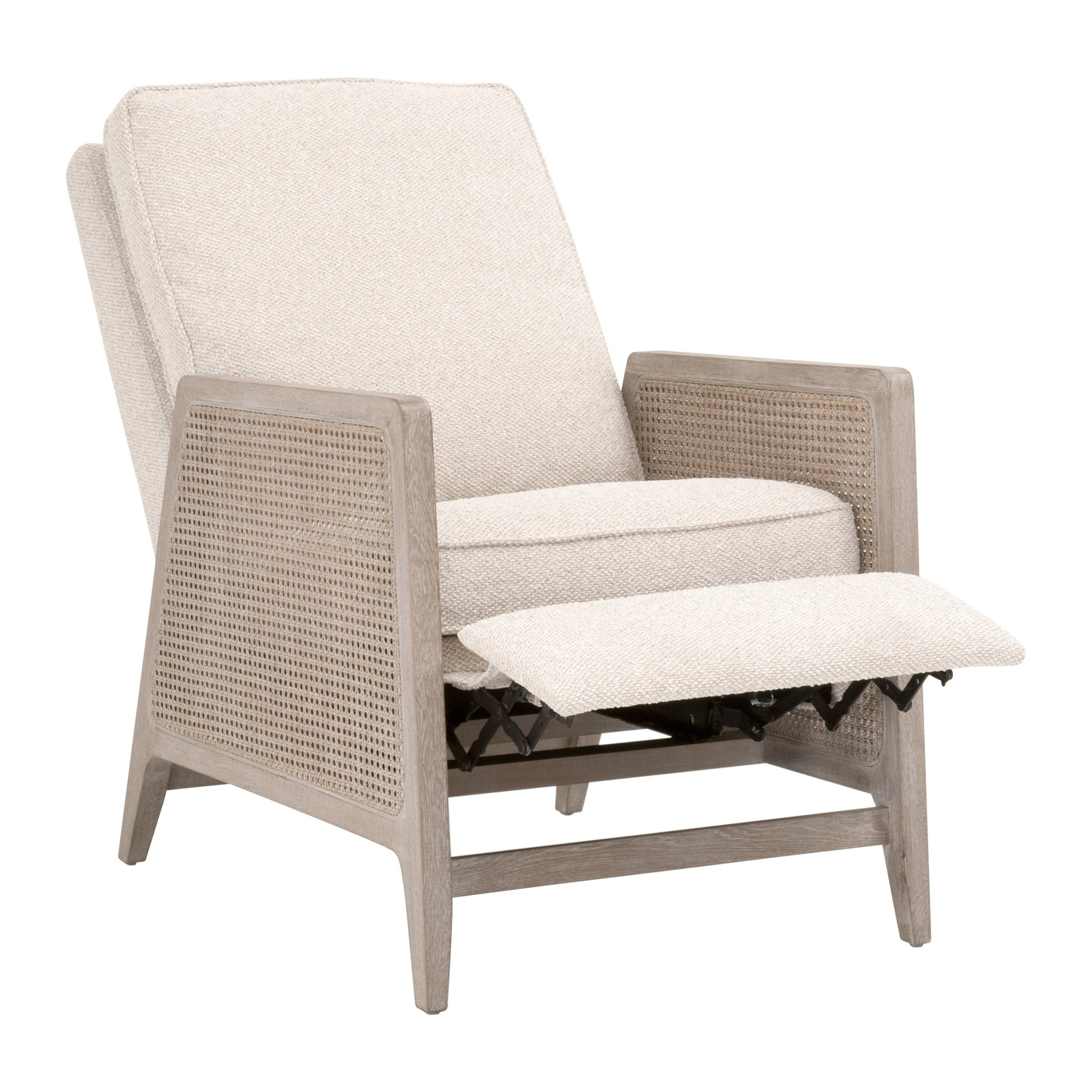 Leone Recliner in natural gray oak with cane sides and linen upholstery by Essentials for Living