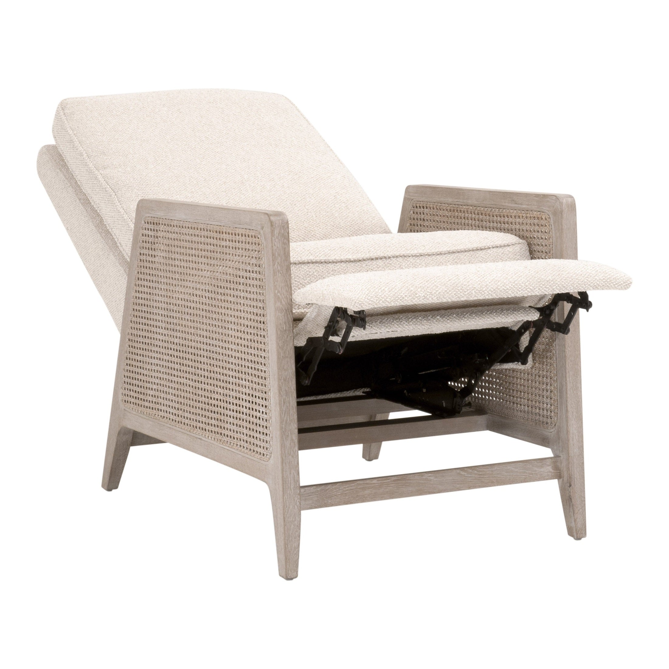 Leone Recliner in natural gray oak with cane panels and LiveSmart Gellar-Linen upholstery by Essentials for Living