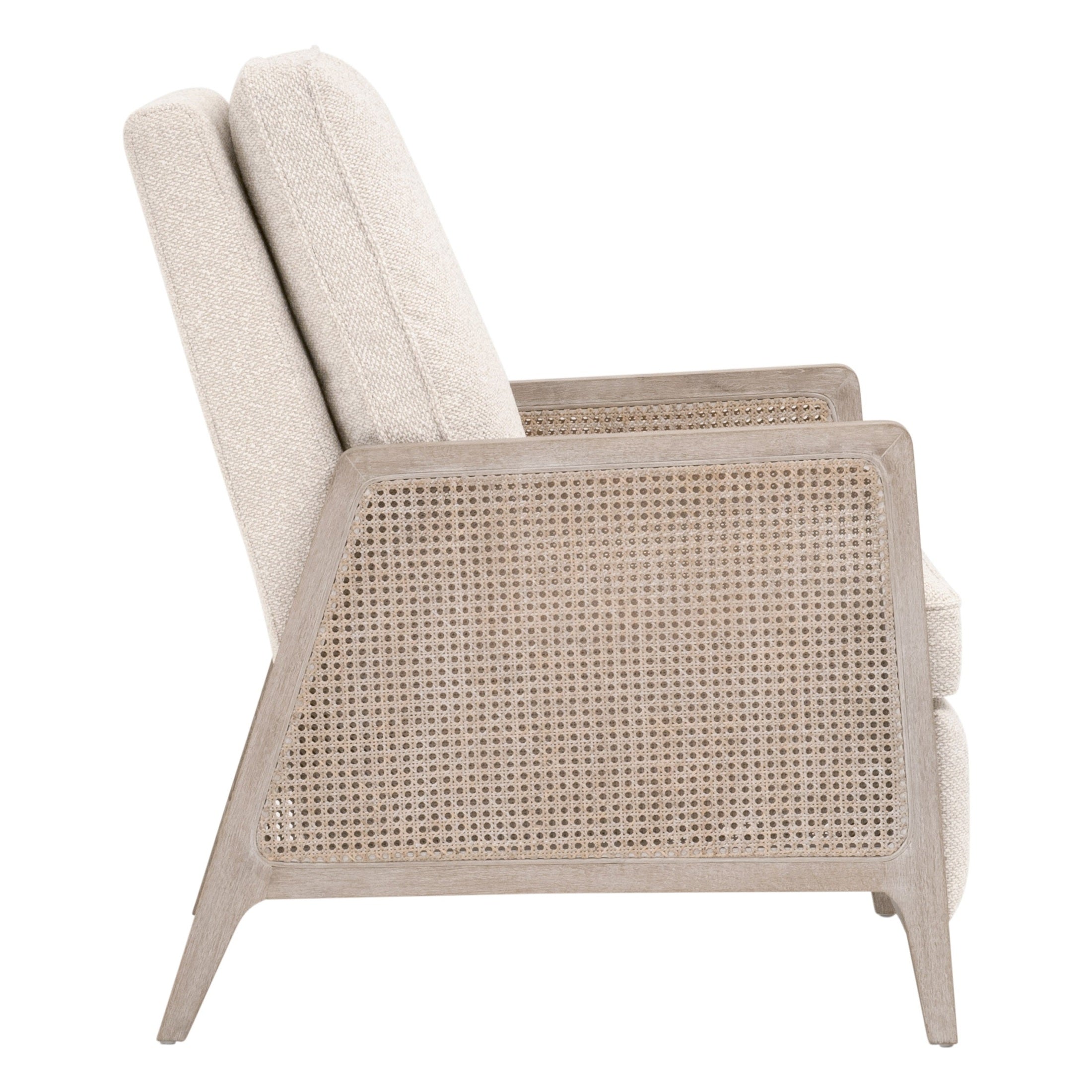 Side view of Leone Recliner with natural gray oak frame and woven cane panels by Essentials for Living