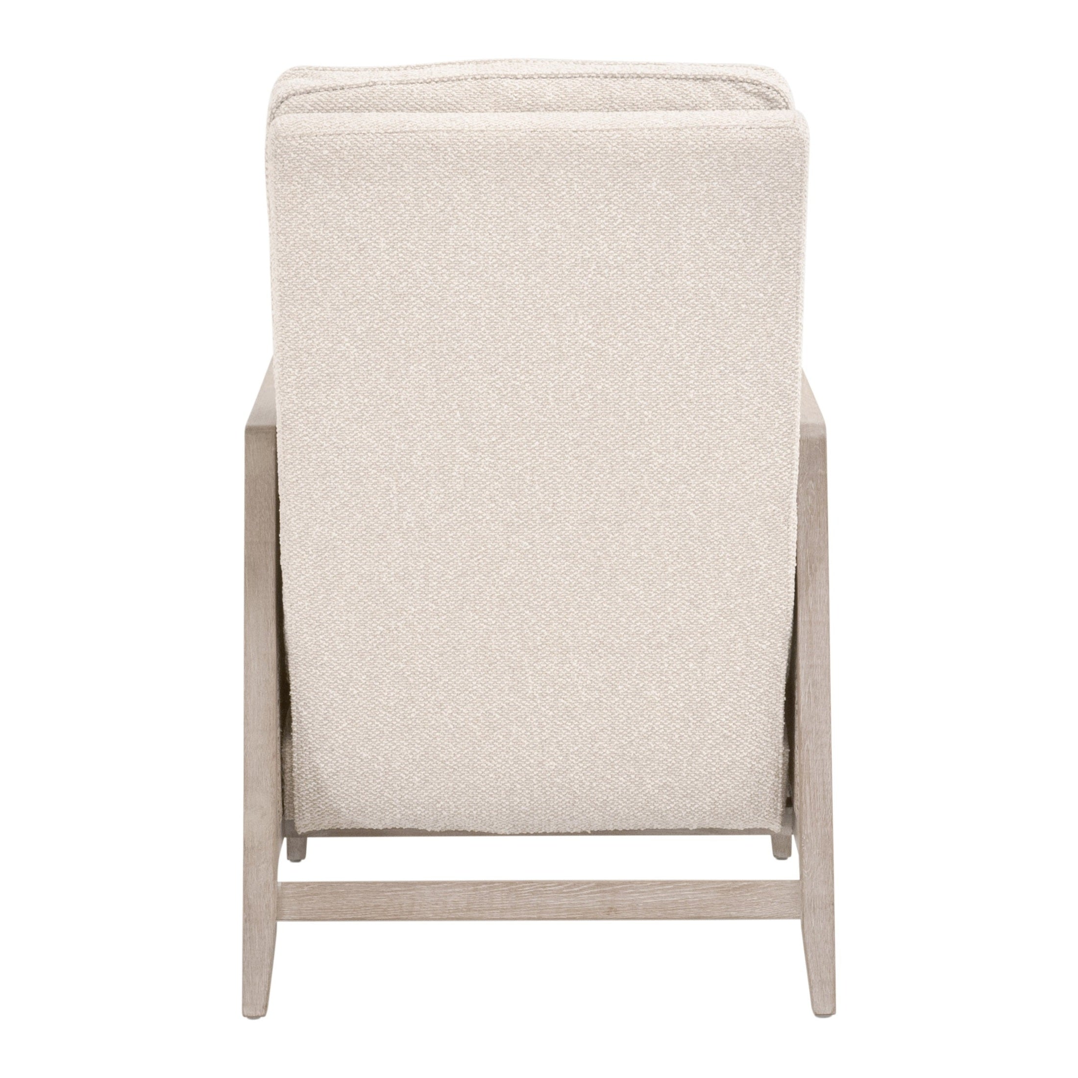 Back view of Leone Recliner in natural gray oak and LiveSmart Gellar-Linen upholstery by Essentials for Living.