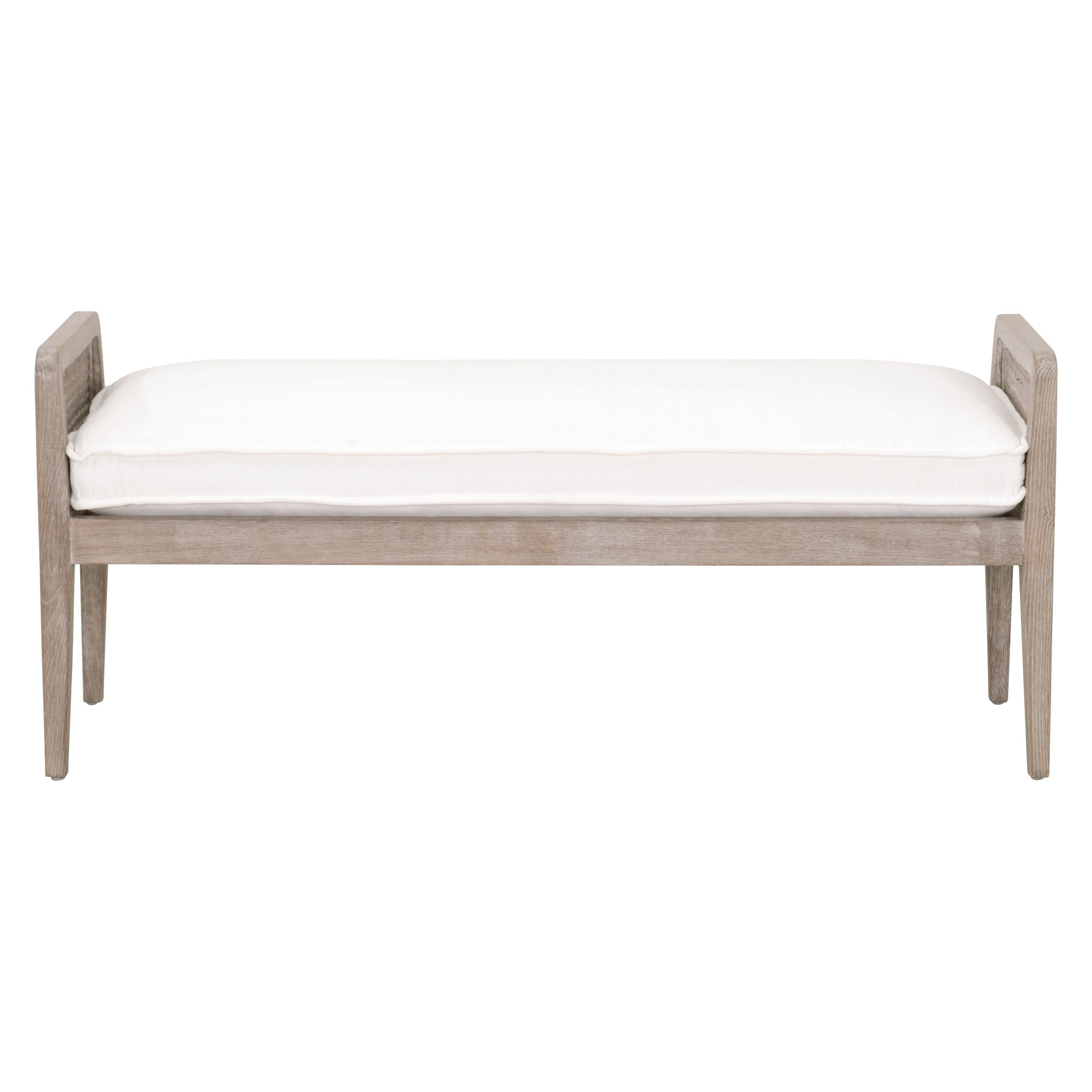 Essentials for Living Leone Bench with natural gray solid oak frame and white cushioned seat for stylish comfort.