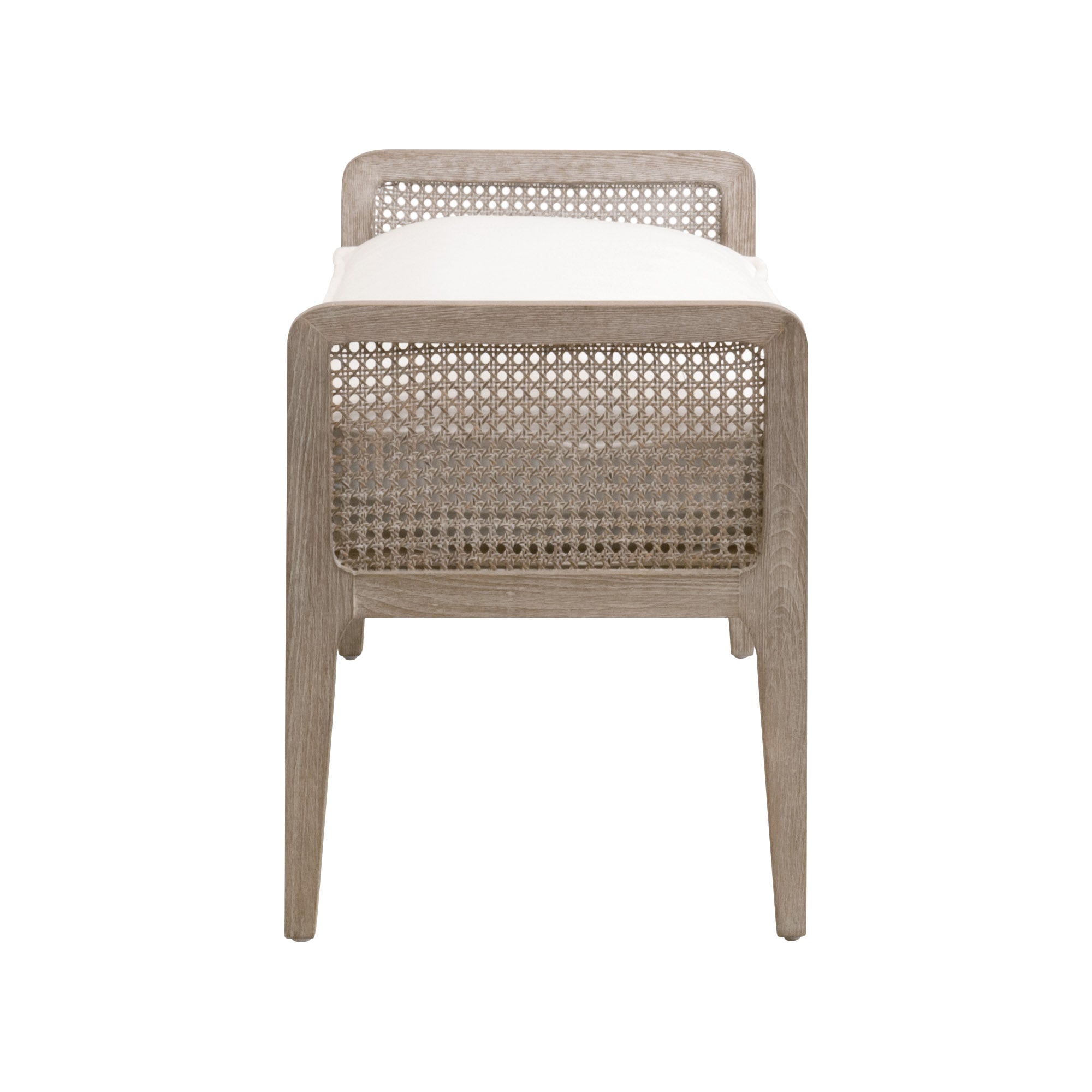 Front view of Leone Bench with natural gray oak frame and classic cane inlay with white cushions by Essentials for Living