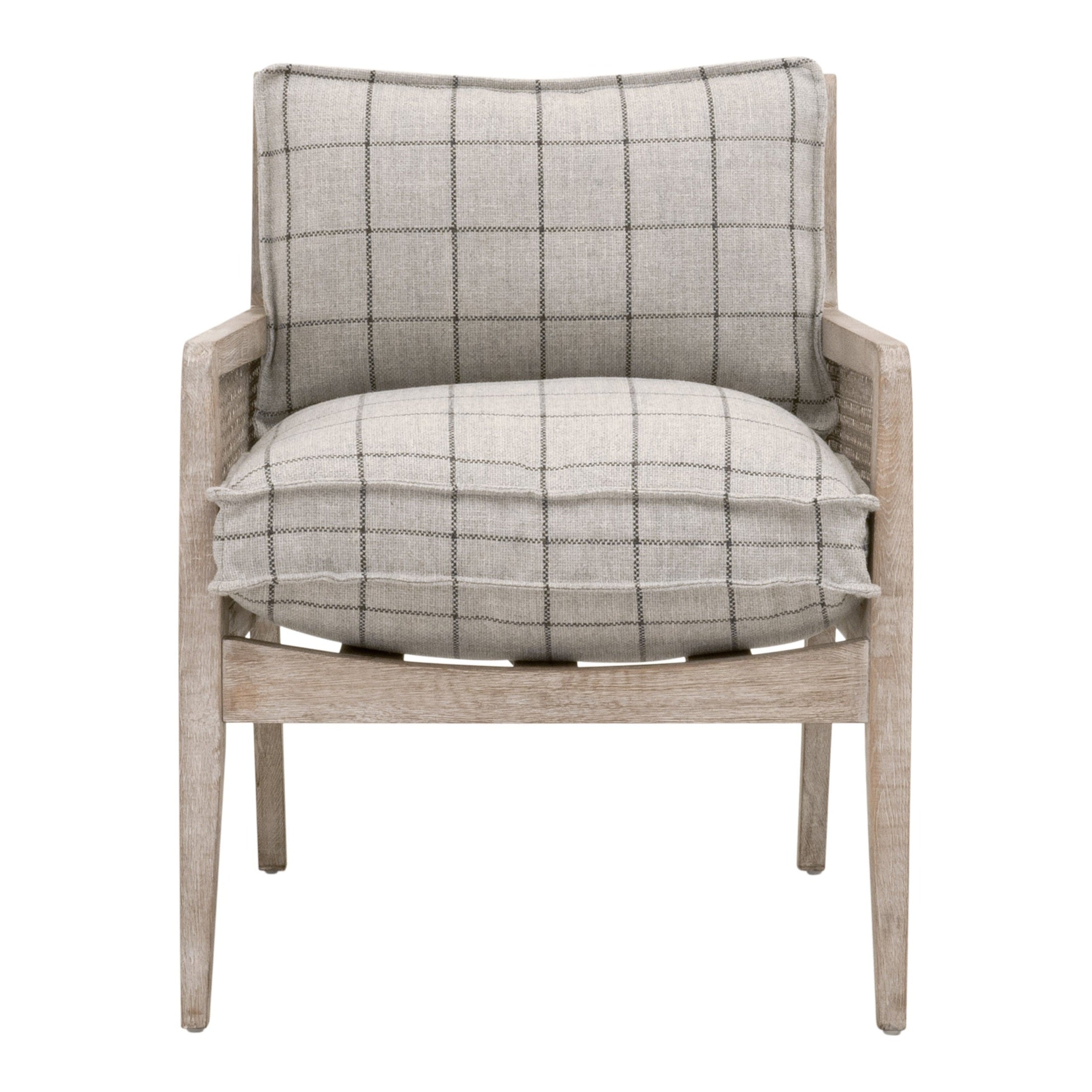 Essentials for Living Leone Club Chair with plaid cushions and natural gray oak frame featuring handwoven cane accents