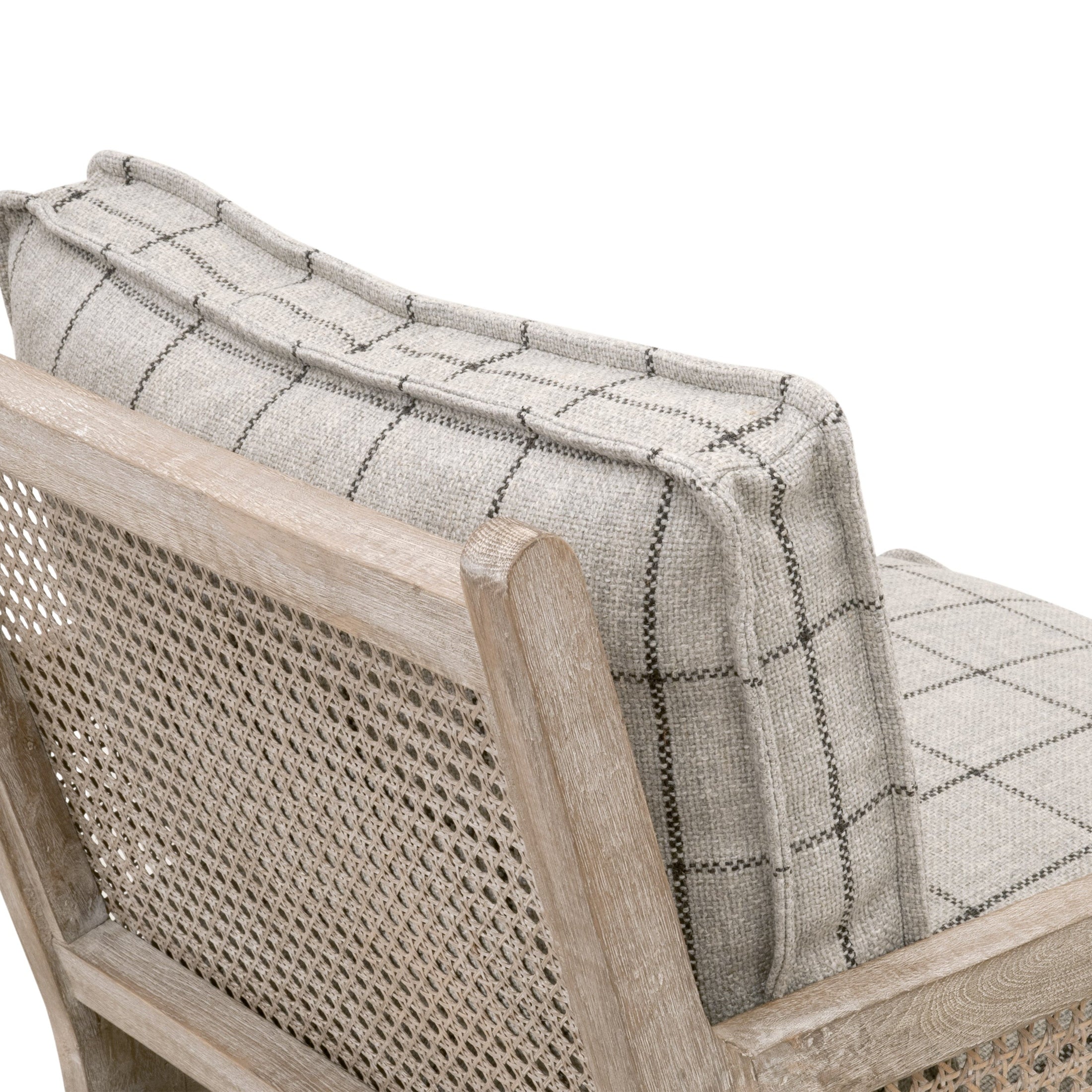 Essentials for Living Leone Club Chair with natural gray oak frame, handwoven cane back, and plaid removable cushions.