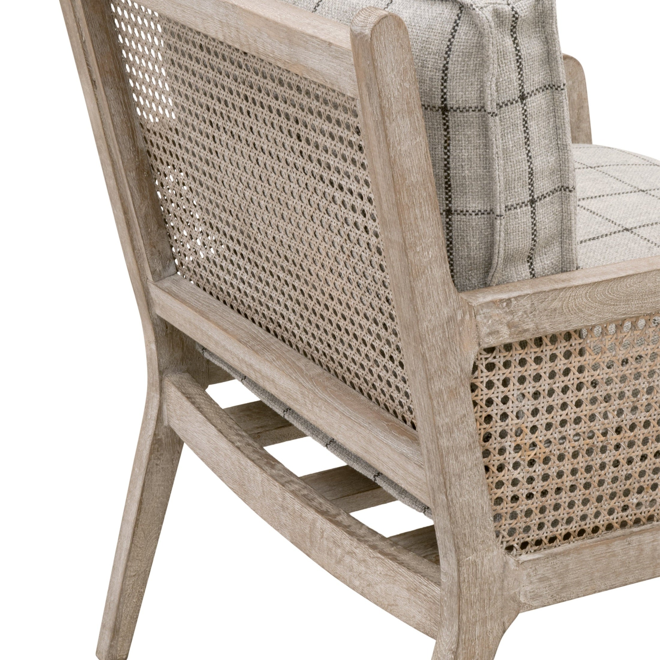 Close-up of the Essentials for Living Leone Club Chair showing natural gray oak frame and handwoven cane details