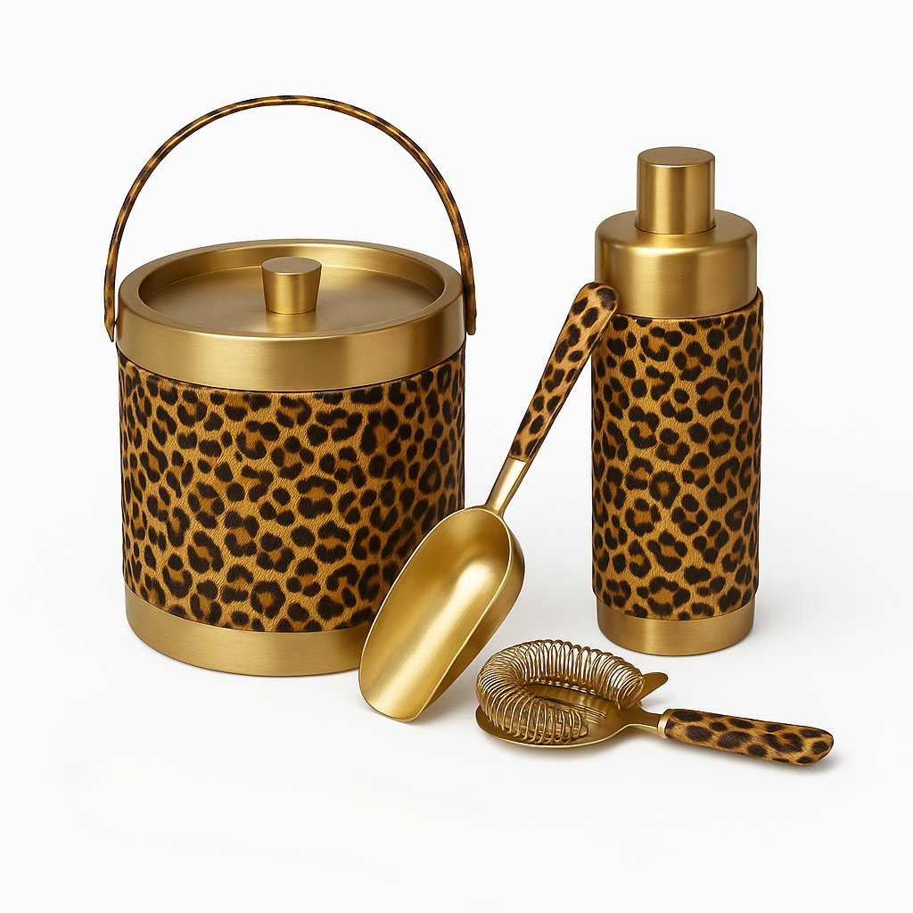 Leopard 4-piece cocktail set in embossed hide and antiqued brass