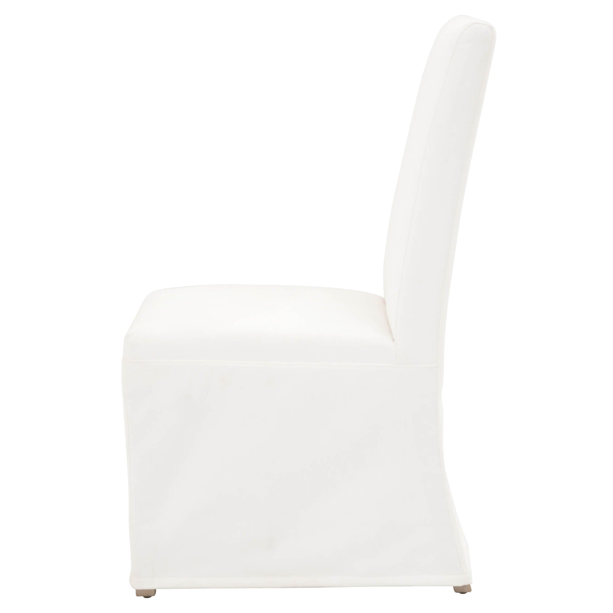 Side view of Essentials for Living Levi Slipcover Dining Chair in soft neutral fabric with solid birch wood base