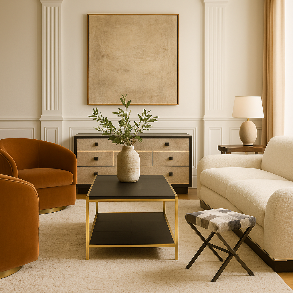 Minimalist black leather and gold-finished Lilly Table as a side table in elegant living room, GO HOME.