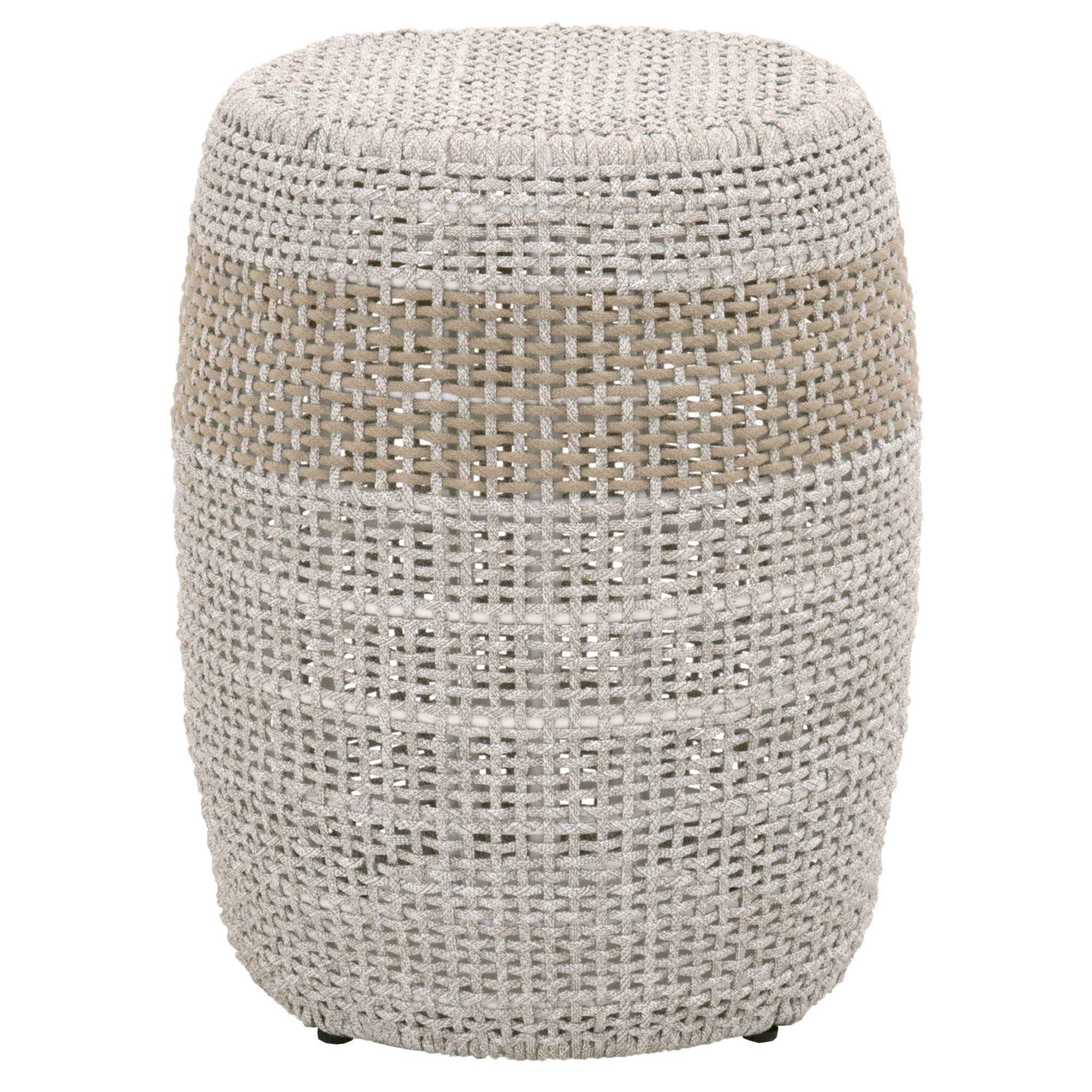 Barrel-shaped Loom Accent Table with taupe and white woven rope on aluminum frame by Essentials for Living