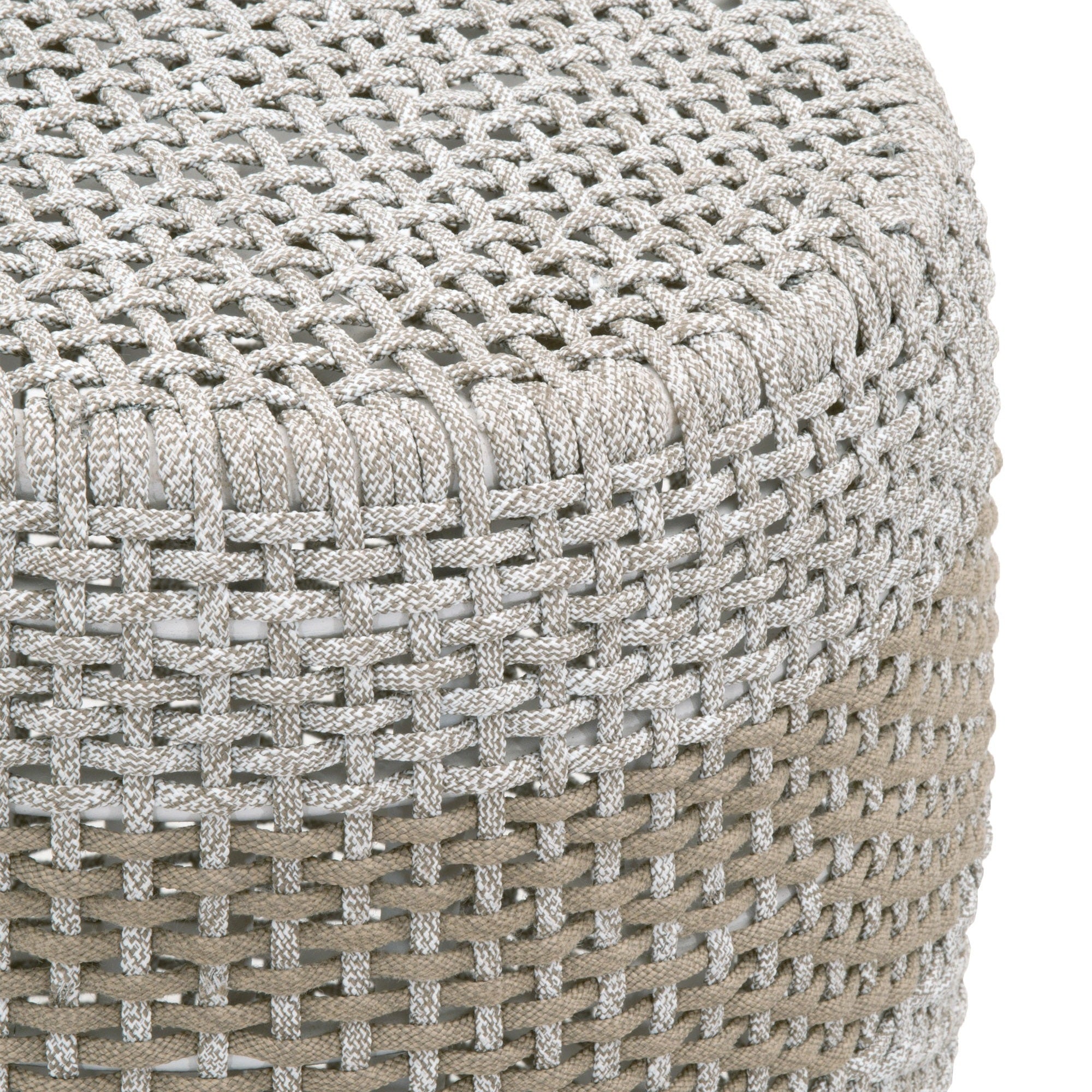 Close-up of taupe and white woven rope barrel-shaped Loom Accent Table by Essentials for Living.