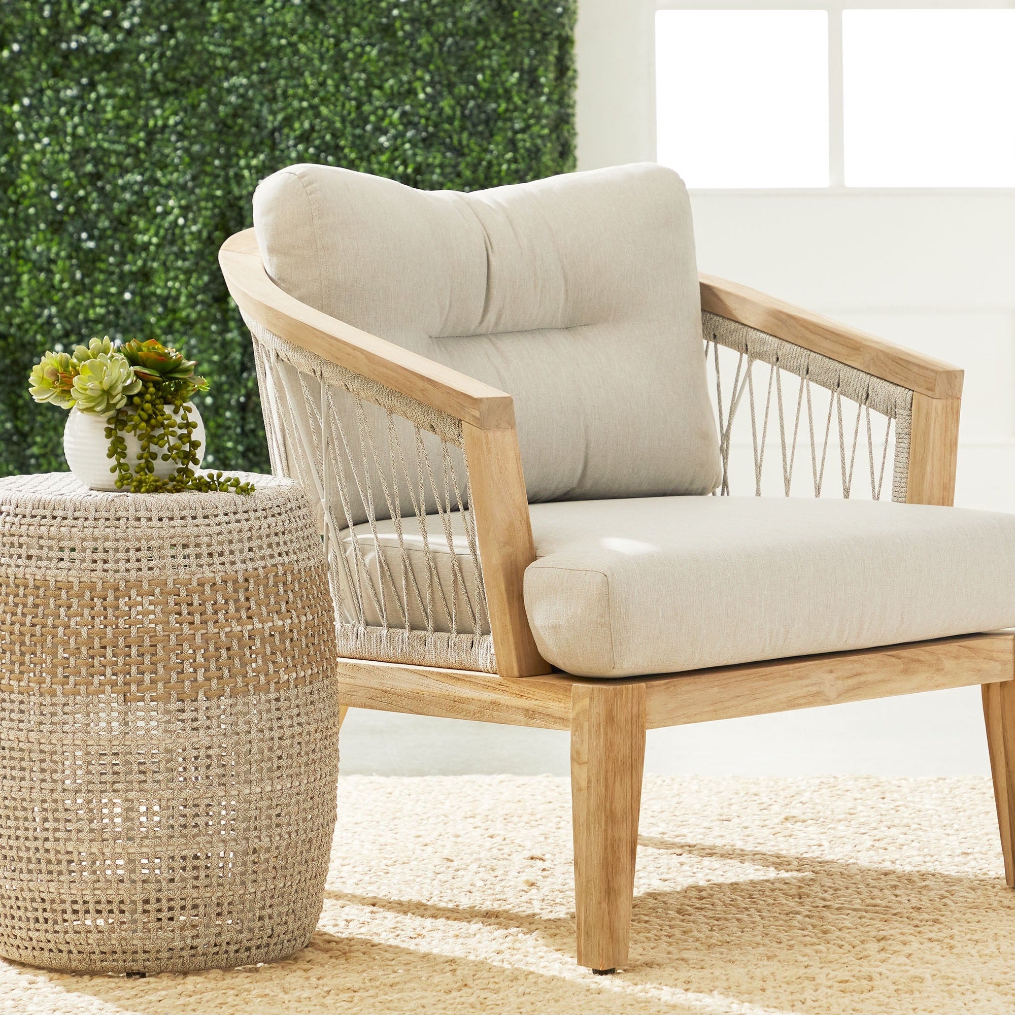 Loom Accent Table with woven taupe and white rope and aluminum frame, lightweight coastal design by Essentials For Living