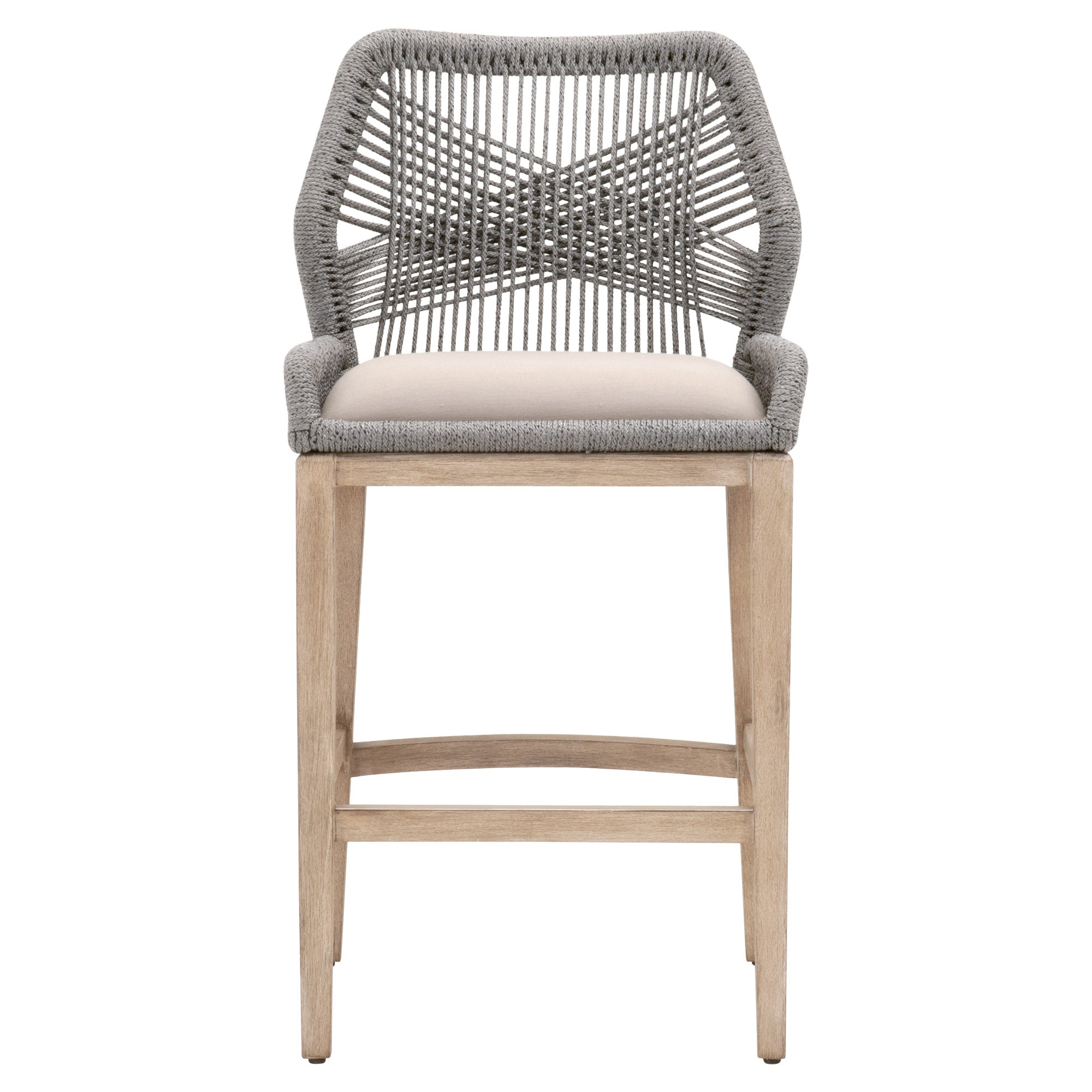 Essentials For Living Loom Barstool in taupe woven back with pumice cushion and natural gray wooden legs