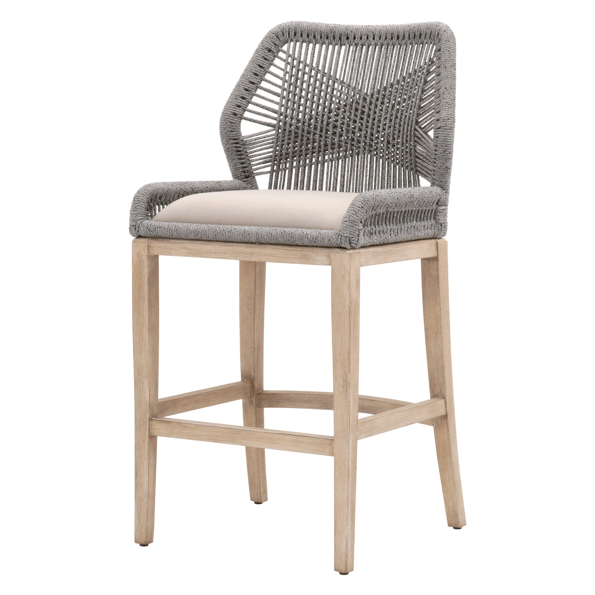 Coastal-inspired Loom Barstool with woven gray backrest, pumice cushion, and natural wood legs by Essentials for Living