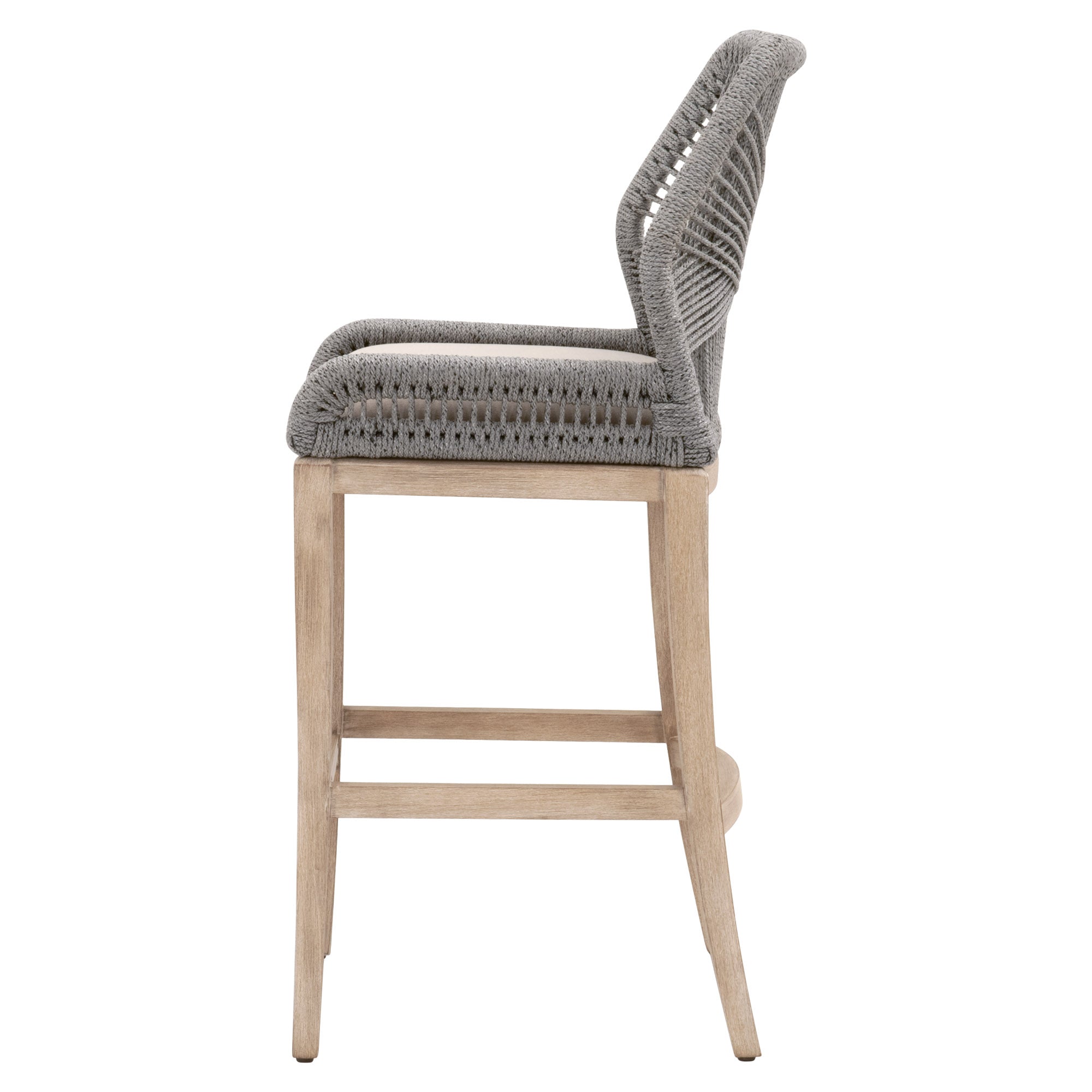 Side view of Essentials For Living Loom Barstool with woven taupe backrest and natural gray wooden legs