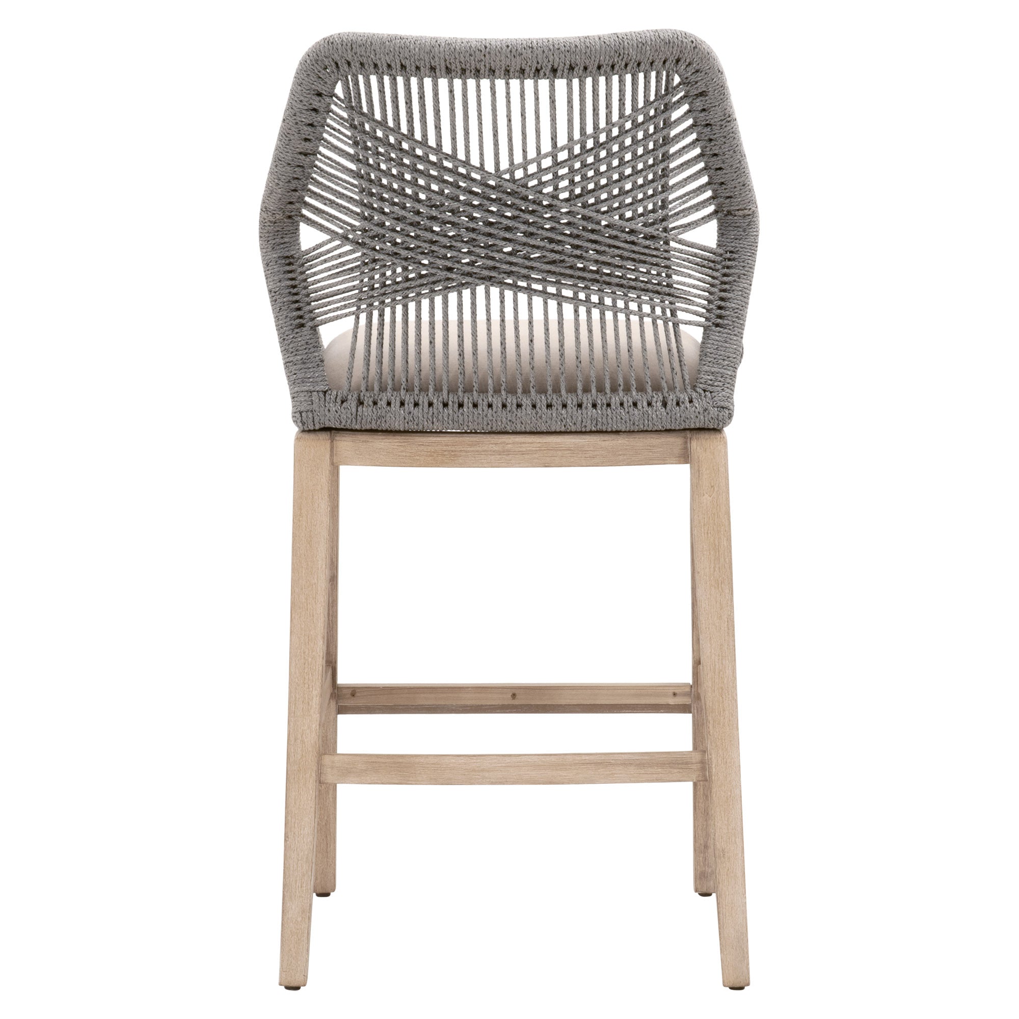 Essentials For Living Loom Barstool with handwoven taupe backrest and natural gray wood legs for coastal style.