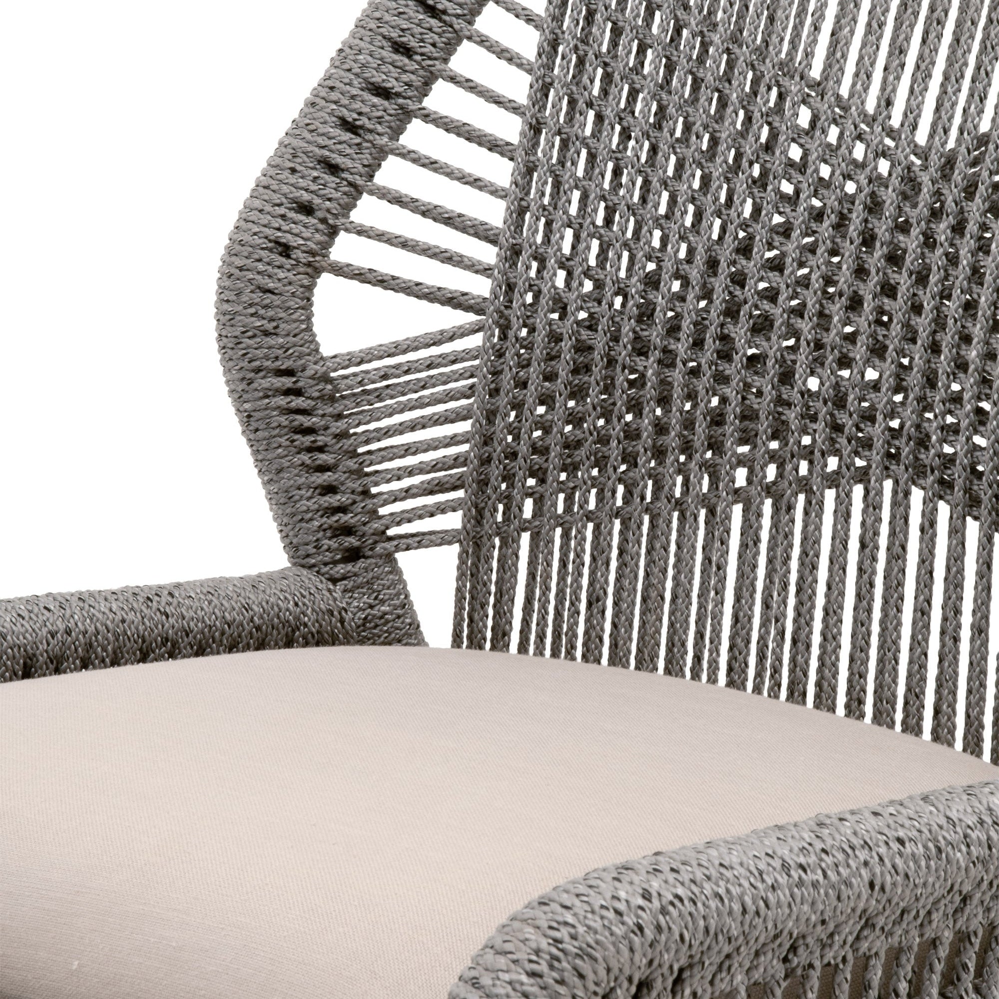Close-up of Essentials for Living Loom Barstool woven taupe rope back and pumice fabric seat cushion
