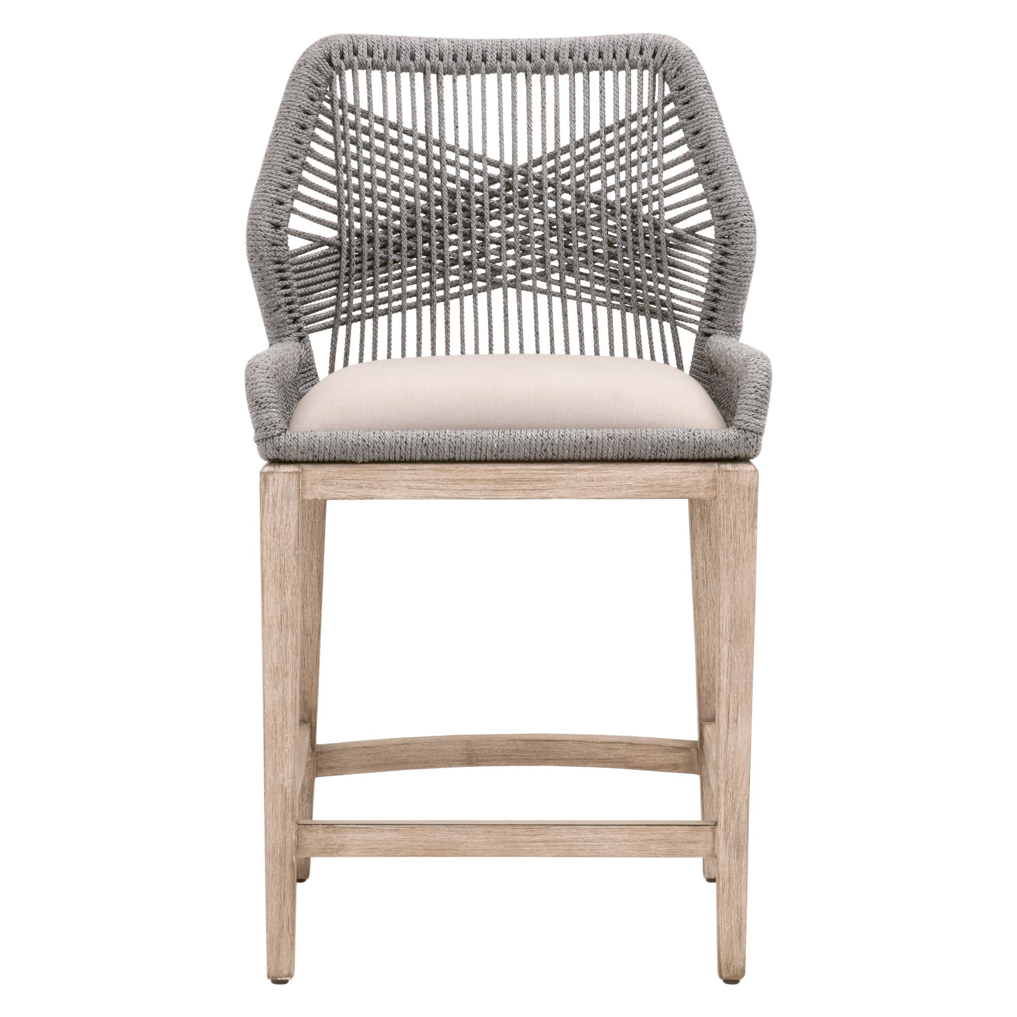 Loom counter stool with handwoven gray rope backrest, pumice fabric seat, and natural gray mahogany legs by Essentials For Living