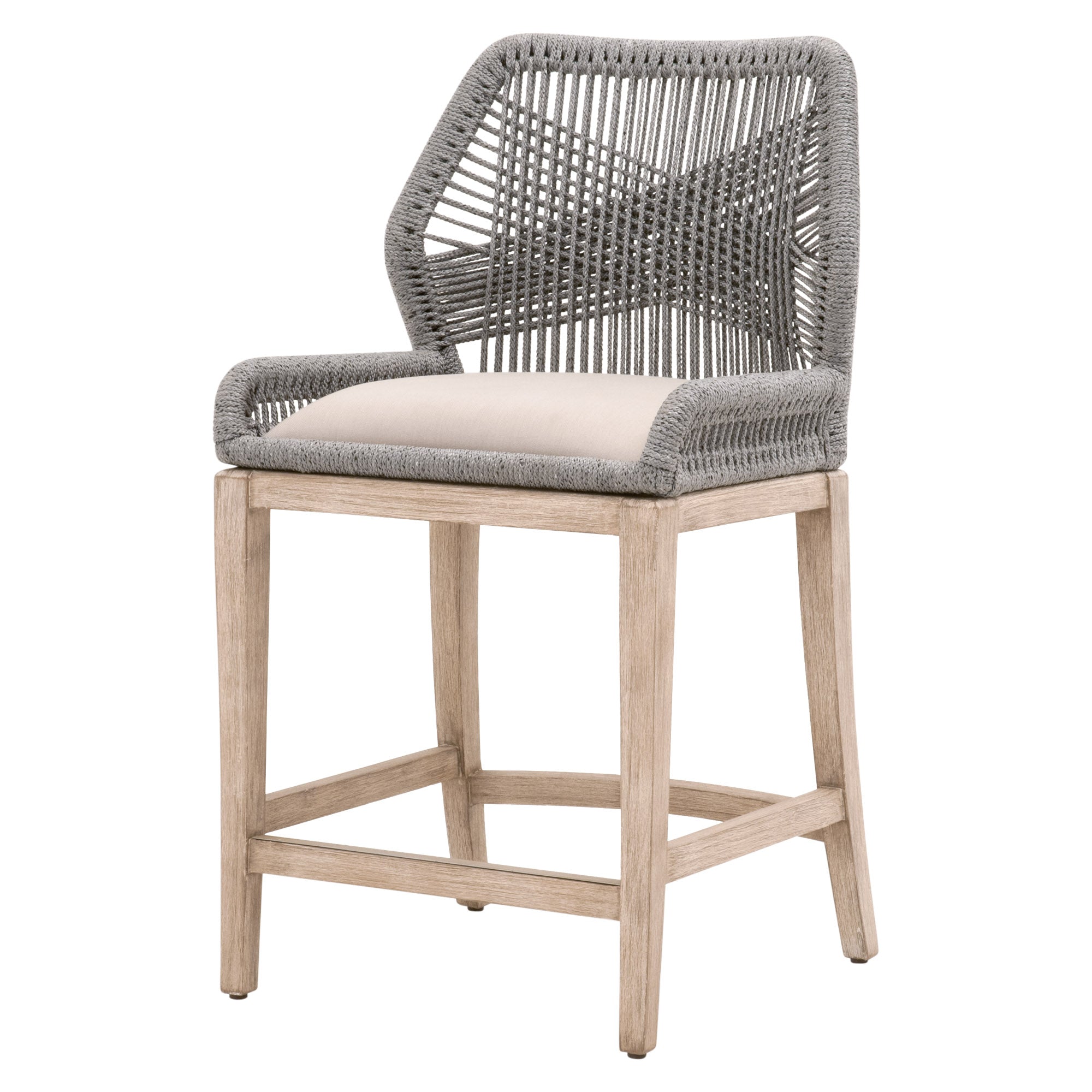 Essentials For Living Loom Counter Stool with woven taupe backrest, gray cushion, and natural wood legs in coastal style