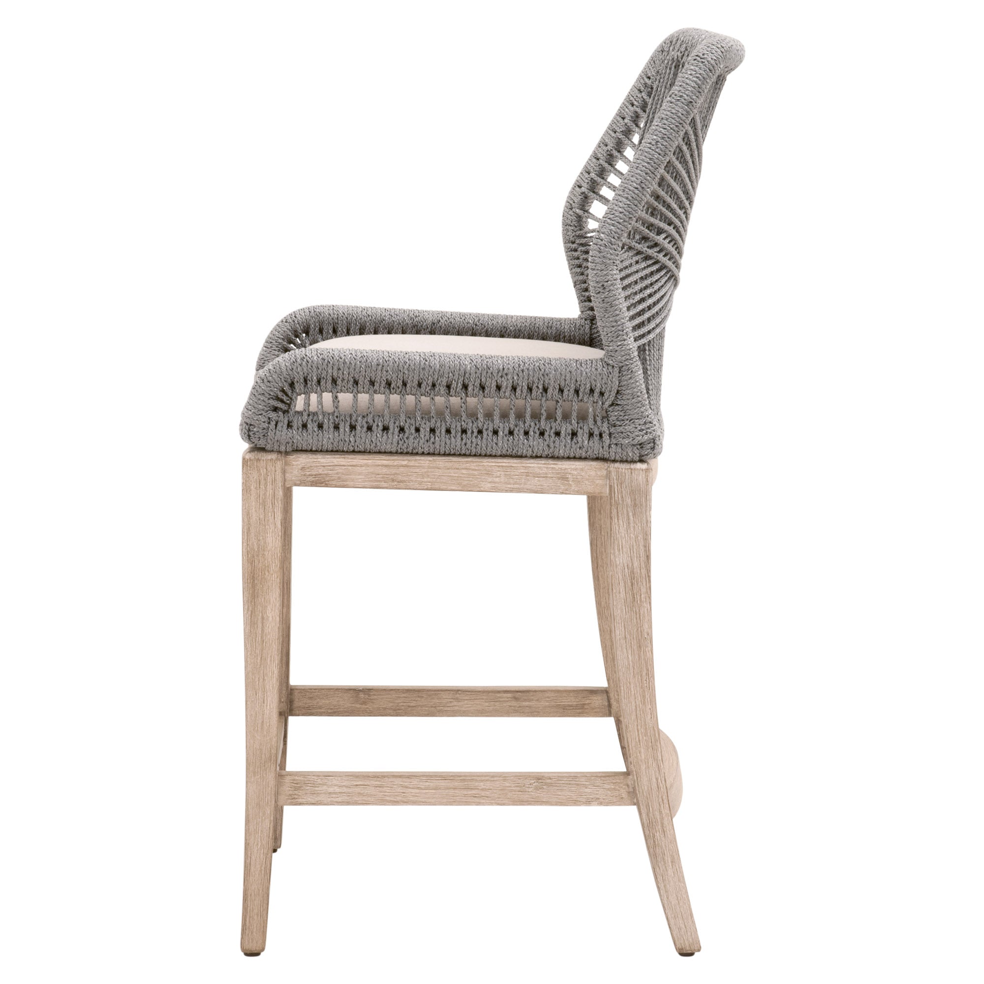 Side view of Essentials For Living Loom Counter Stool with woven taupe rope backrest and distressed gray wood legs