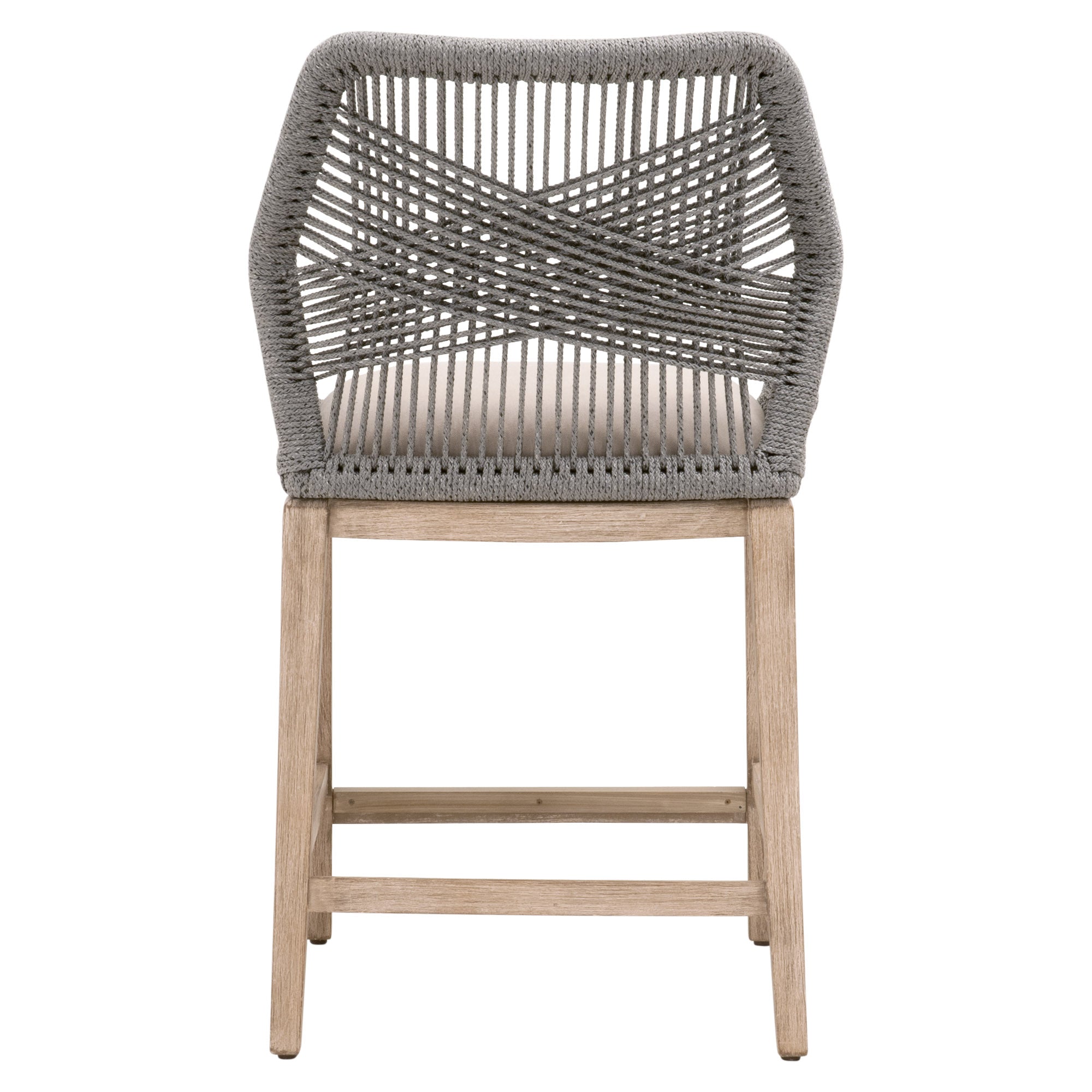 Essentials For Living Loom Counter Stool with handwoven taupe rope backrest and solid mahogany legs in natural gray finish